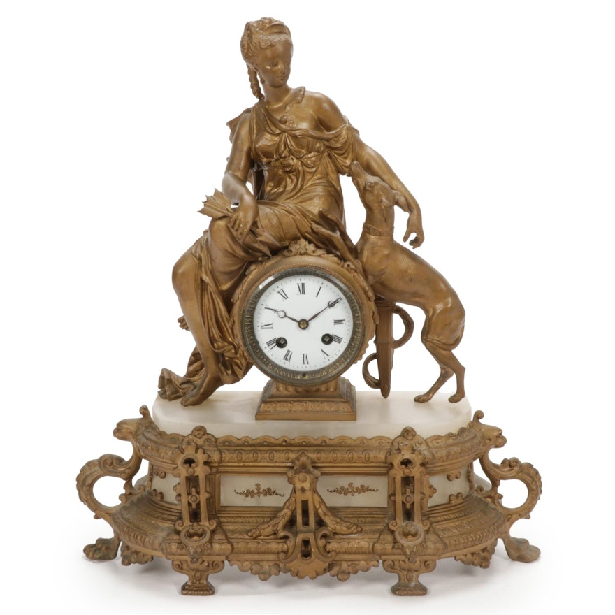 French Vincenti & Cie Gilt Bronze Goddess Diana Mantel Clock, Mid-Late 19th C.