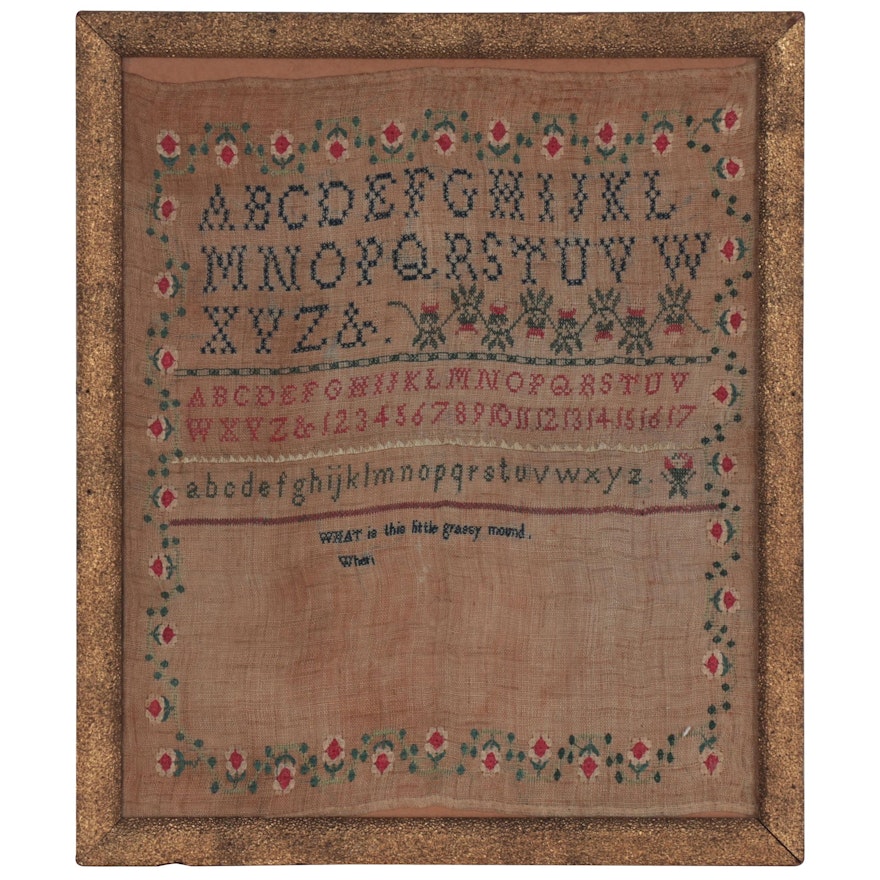 Unfinished Alphabet and Verse Needlework Sampler, Mid to Late 19th Century