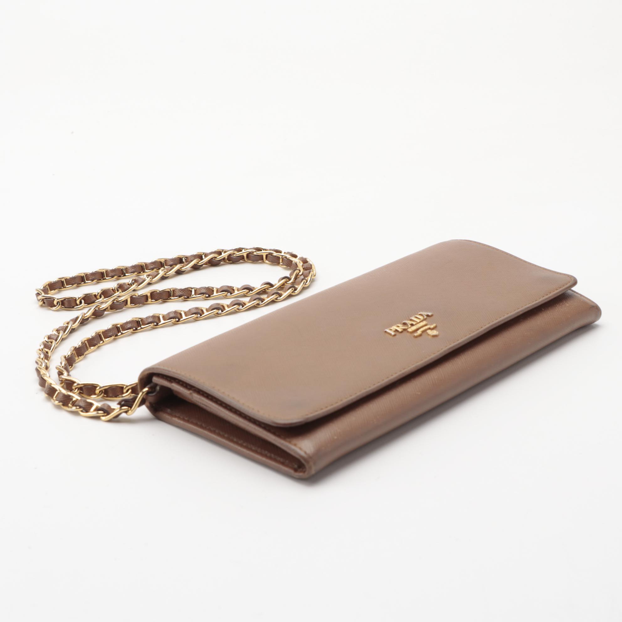Prada Wallet on Chain in Brown Saffiano Leather