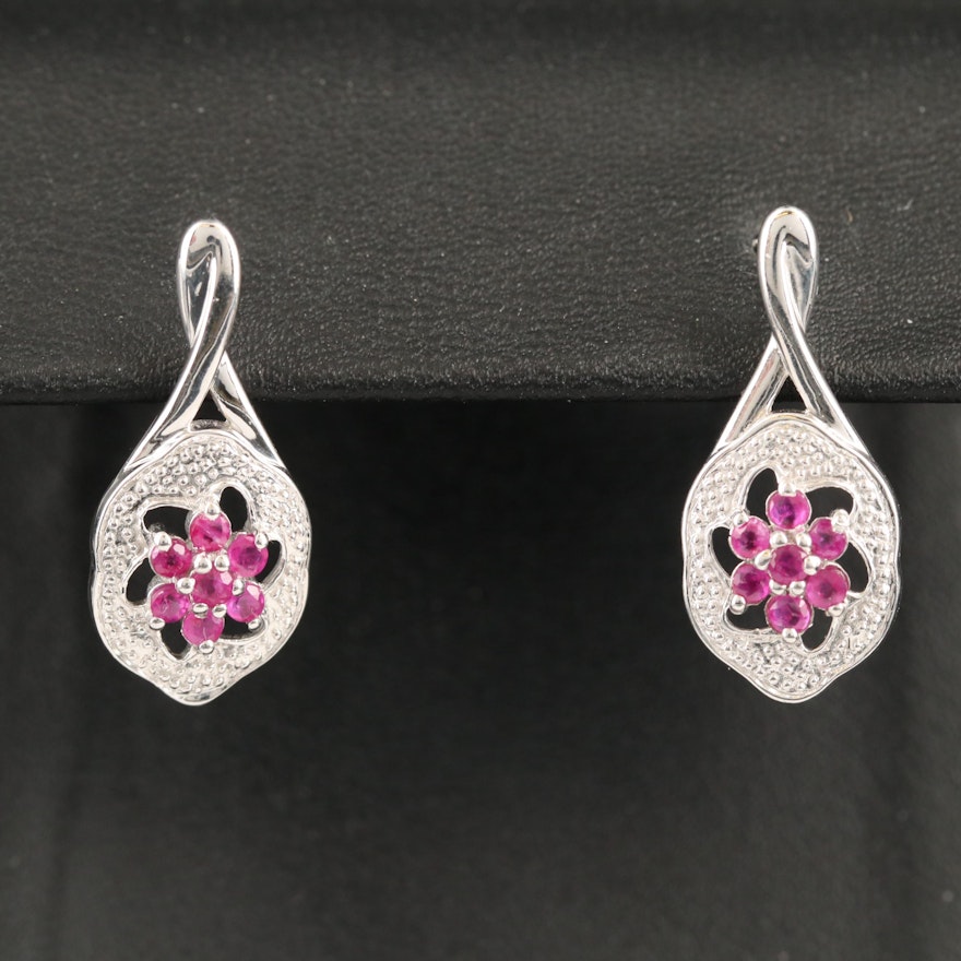 Sterling Silver Ruby Floral Drop Earrings