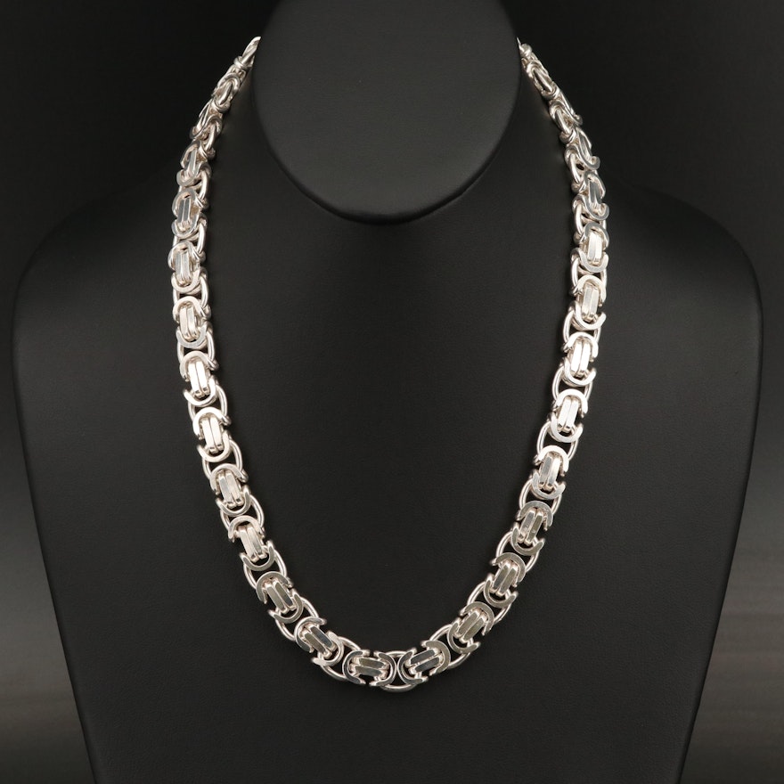 Italian Sterling Silver Flat Byzantine Link Chain Necklace