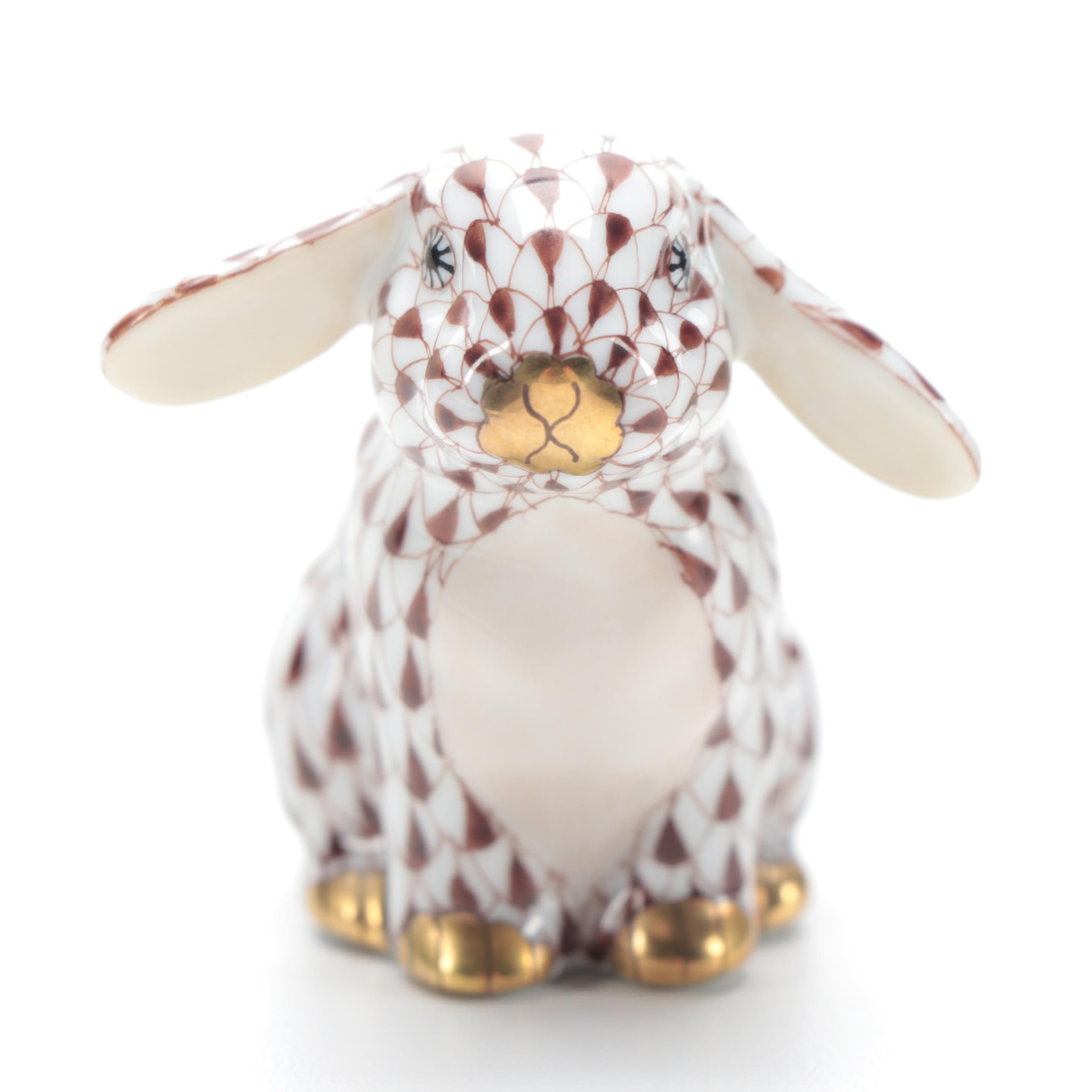 Herend Chocolate Fishnet with Gold "Lop Ear Bunny" Porcelain Figurine