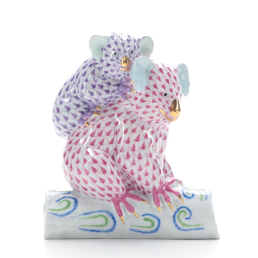 Herend Raspberry and Lavender Fishnet "Pair of Koalas" Porcelain Figurine