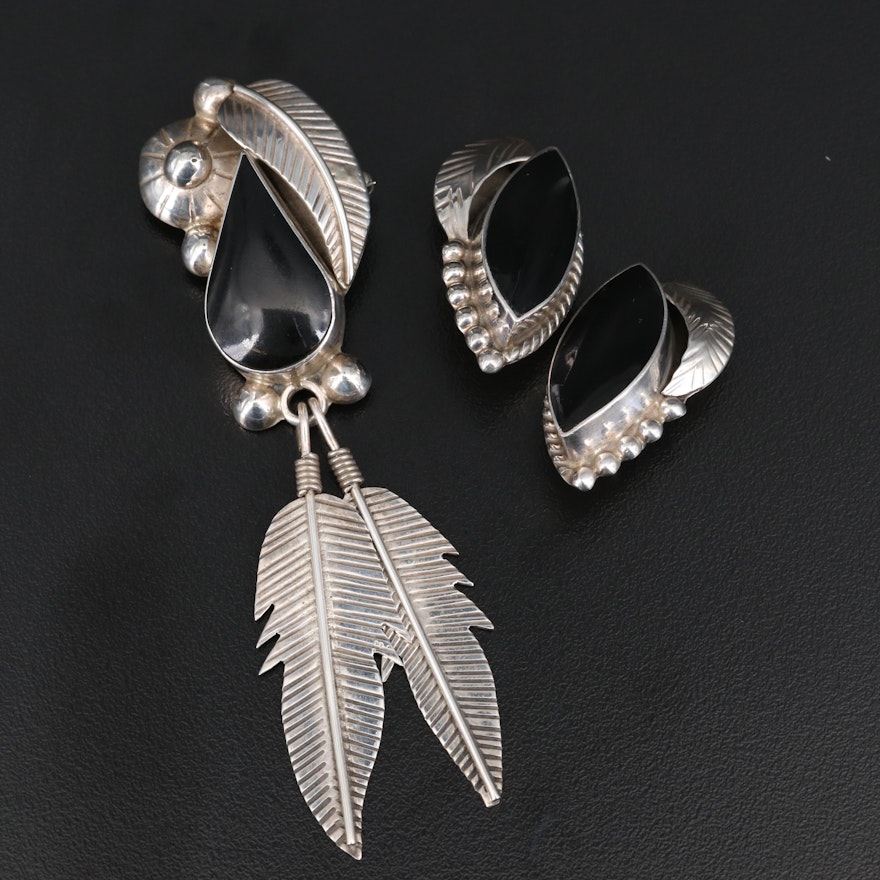 Mexican Sterling and Enamel Converter Brooch and Earring Set with Feather Motif