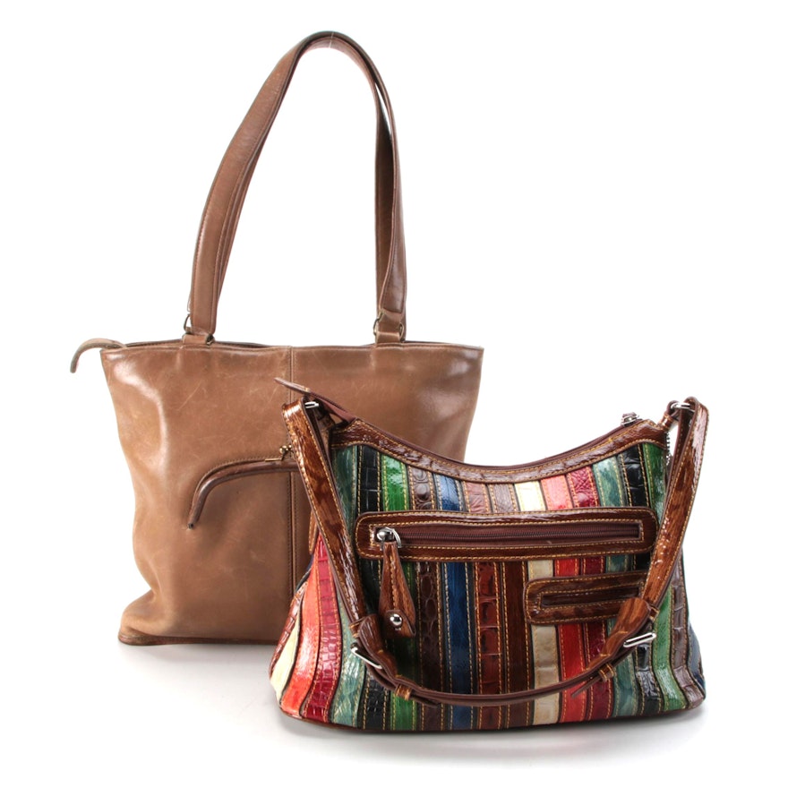 Coach and M.C. Brown Leather and Multicolor Embossed Shoulder Bags