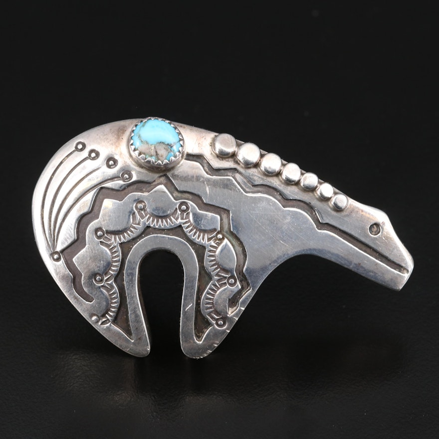 Jerry Roan Navajo Diné Sterling and Turquoise Stampwork Spirit Bear Ring