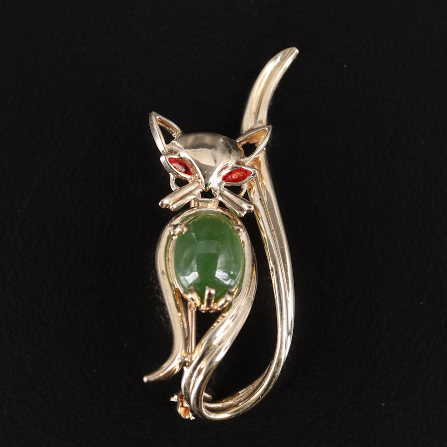 Vintage Forum Jewelry 14K Nephrite and Enamel Cat Brooch