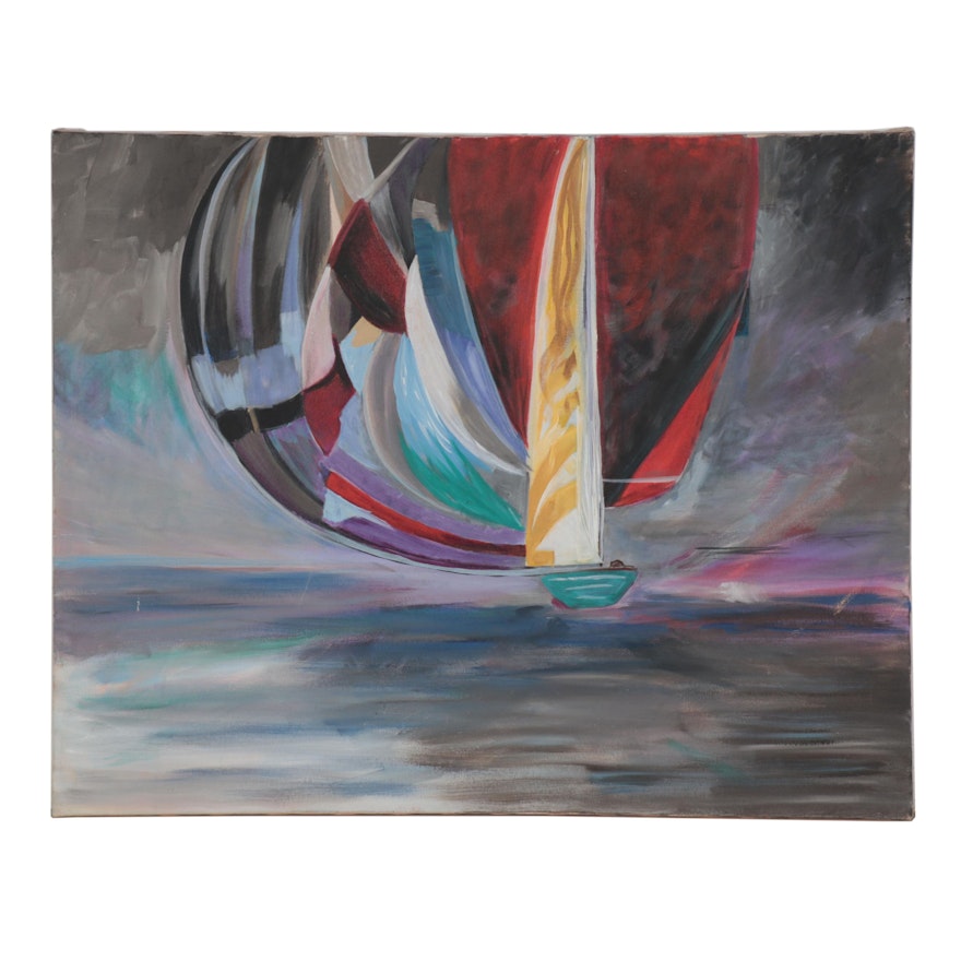 Elaine Neumann Abstract Oil Painting of Sailboat on the Ocean, 2015