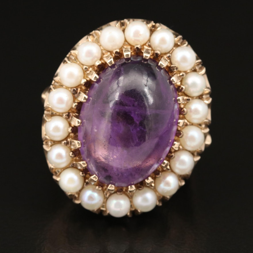 Vintage 14K 12.71 CT Amethyst and Pearl Ring