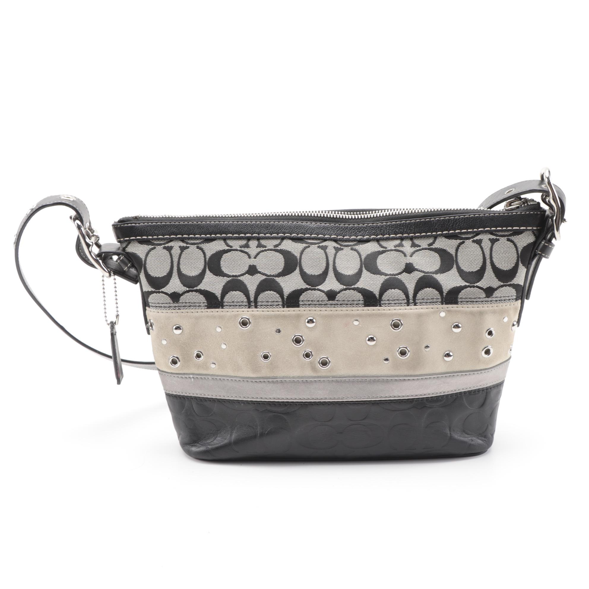 Coach Studded Patchwork Shoulder Bag in Beige and Black