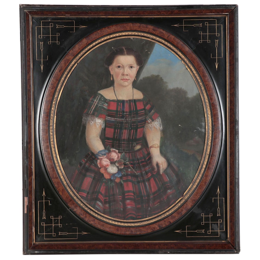 Folk Art Oil Portrait of Young Child in Plaid, Mid-Late 19th Century