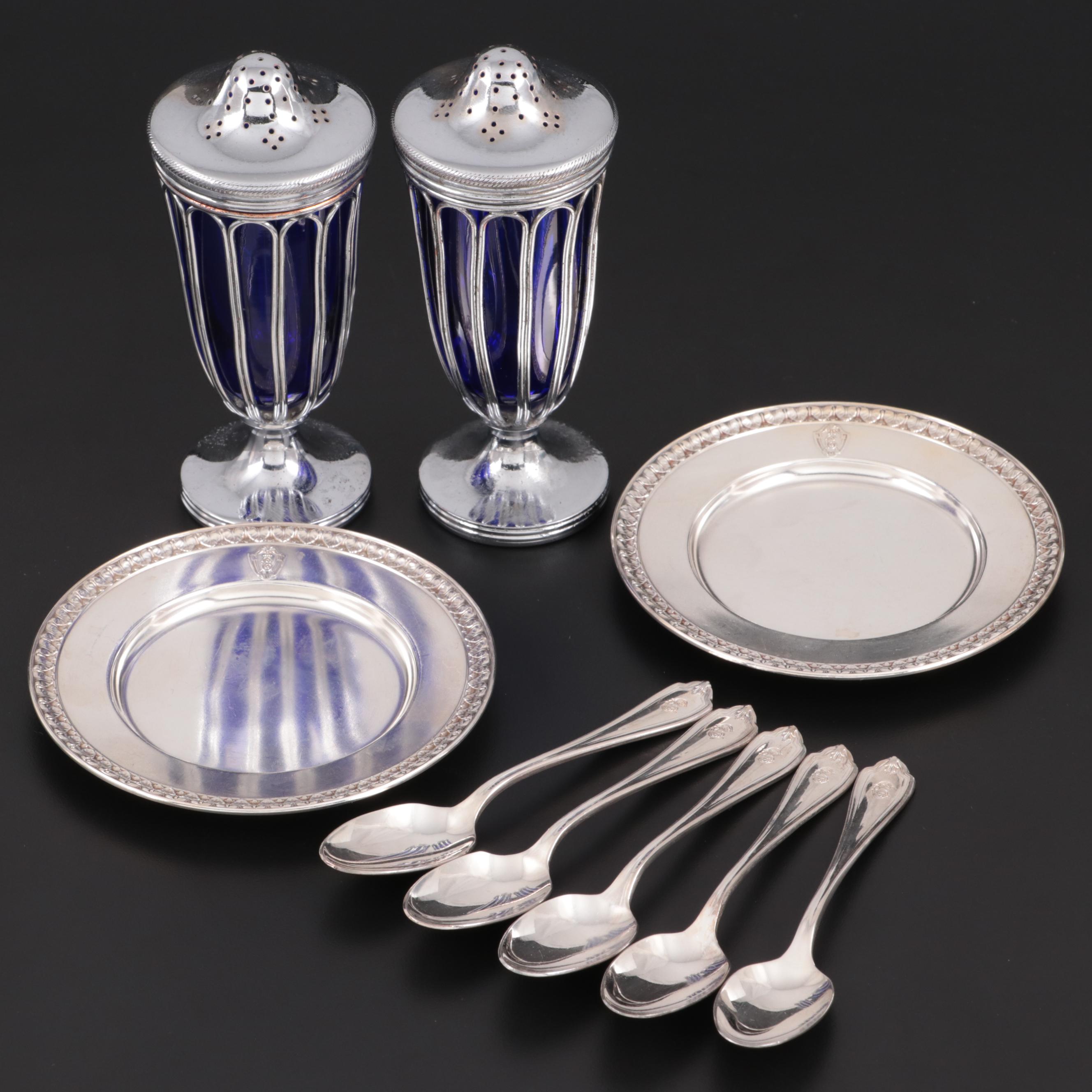 Gorham and Other Hotel Silver Plate Tableware with Cobalt Glass Shakers