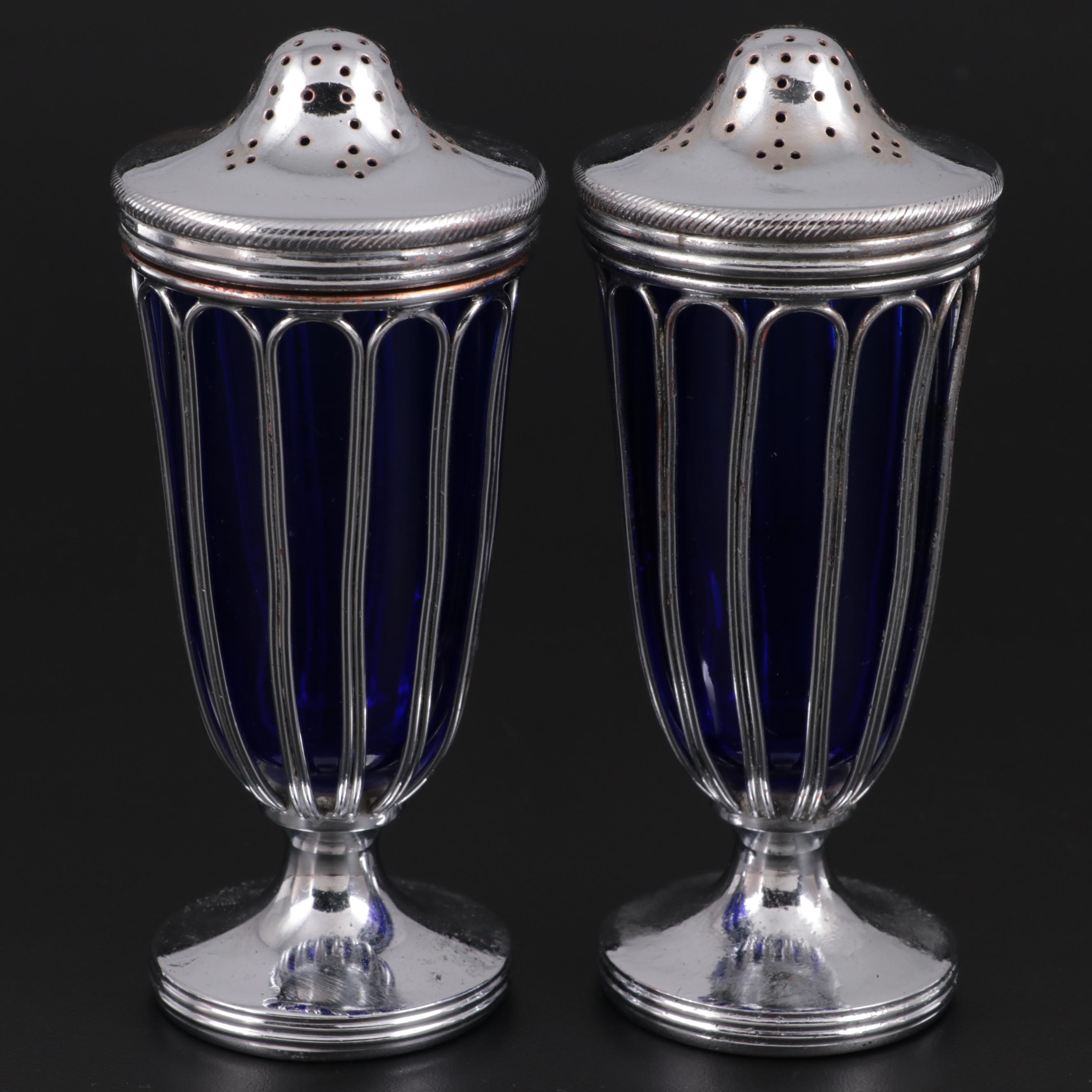 Gorham and Other Hotel Silver Plate Tableware with Cobalt Glass Shakers