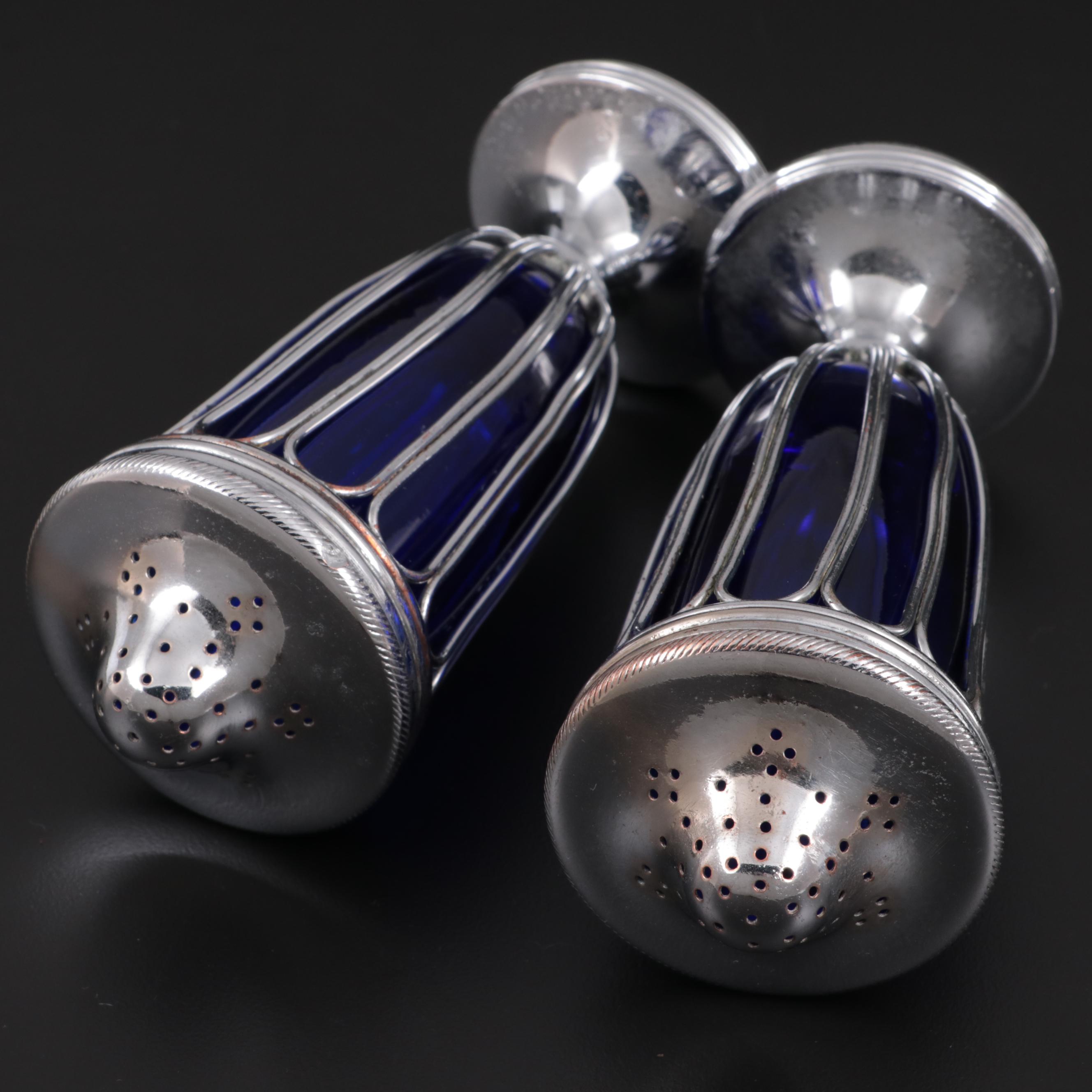 Gorham and Other Hotel Silver Plate Tableware with Cobalt Glass Shakers