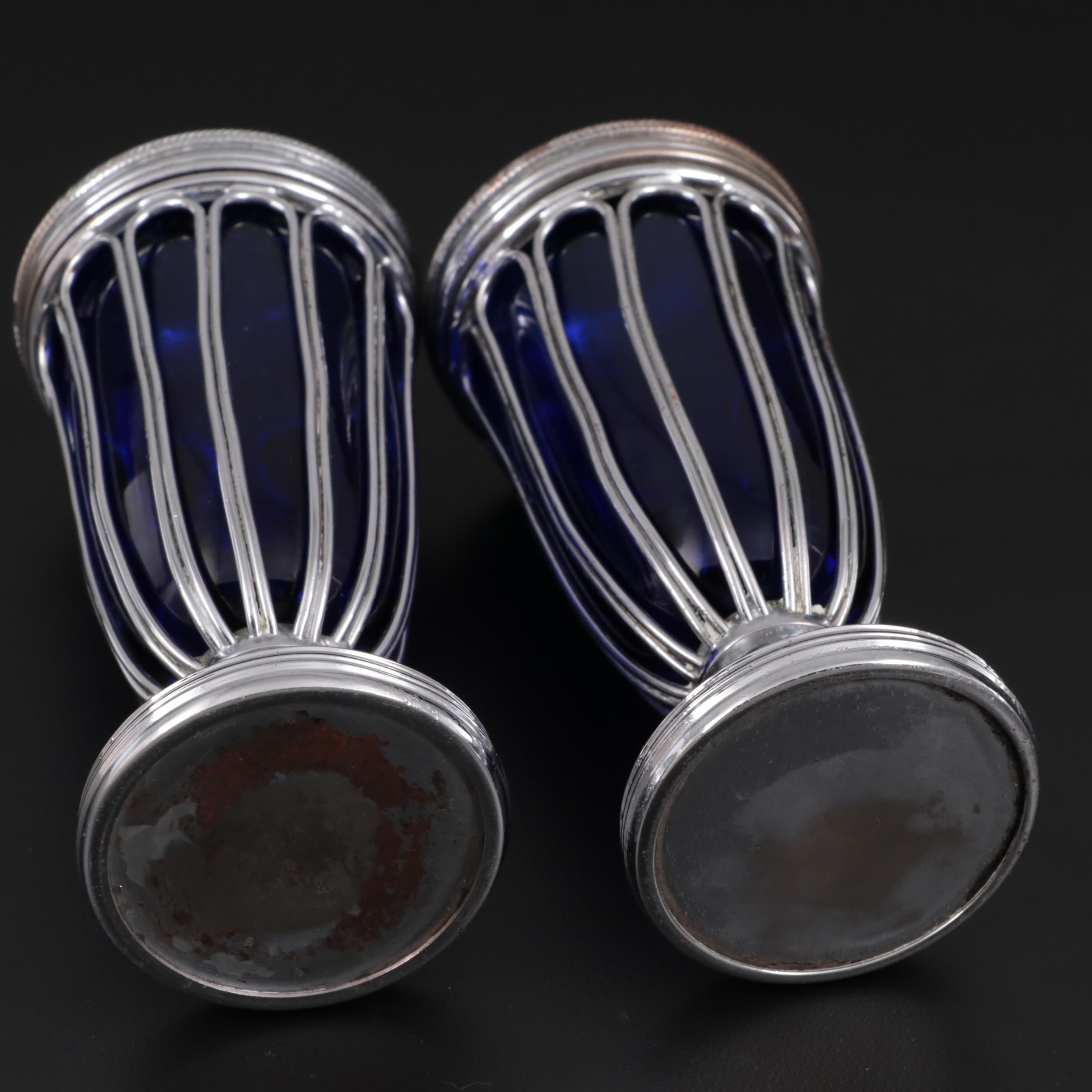 Gorham and Other Hotel Silver Plate Tableware with Cobalt Glass Shakers