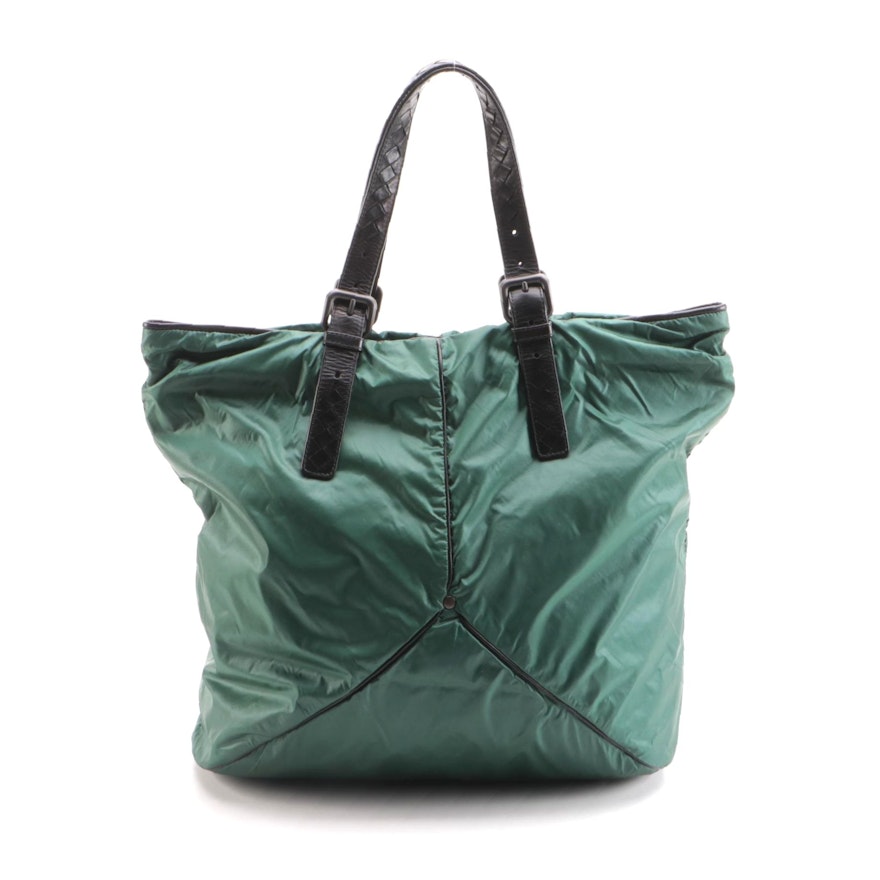 Bottega Veneta Green Nylon and Black Leather Zip Tote