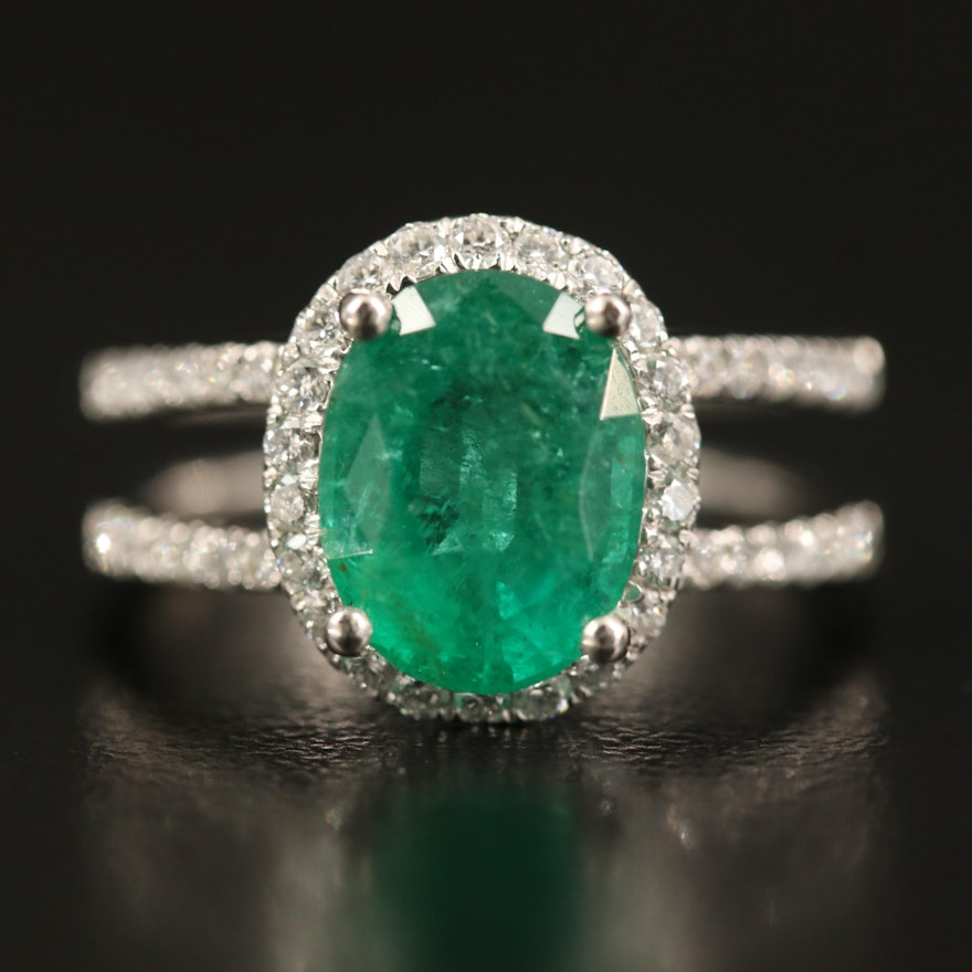 Platinum 2.07 CT Emerald and Diamond Ring with Split Shoulders