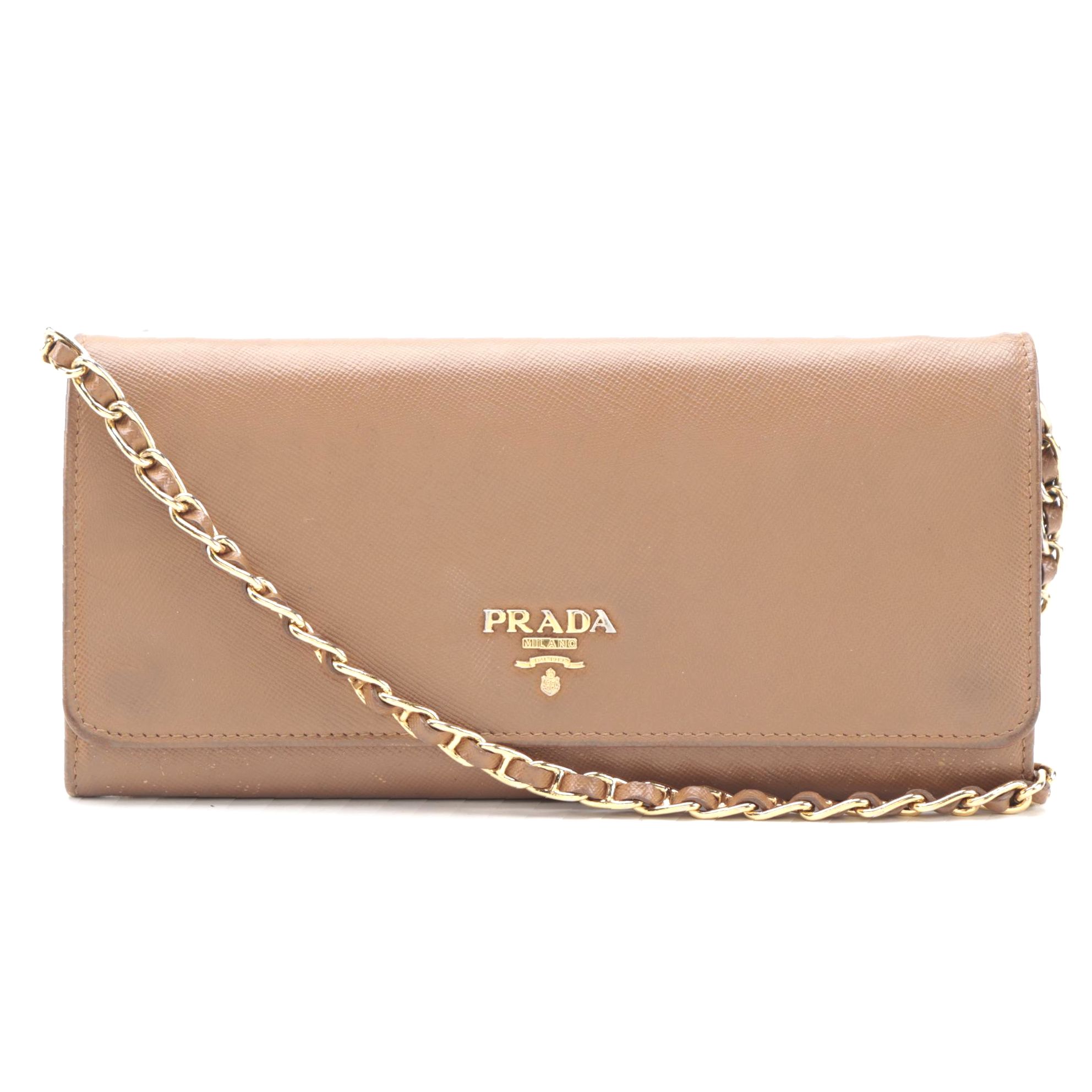 Prada Wallet on Chain in Brown Saffiano Leather