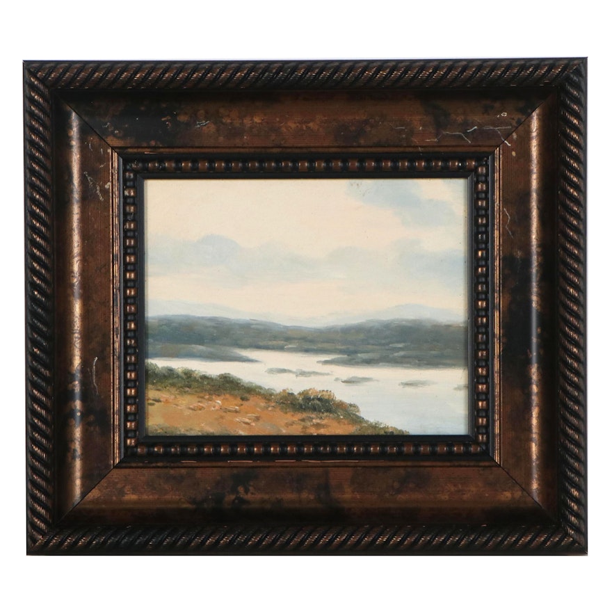 Landscape Oil Painting of Lake and Hills, Mid-Late 20th Century