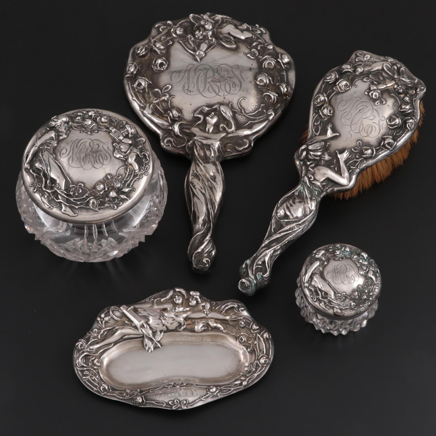Art Nouveau Style Sterling Silver and Zipper Cut Glass Vanity Set