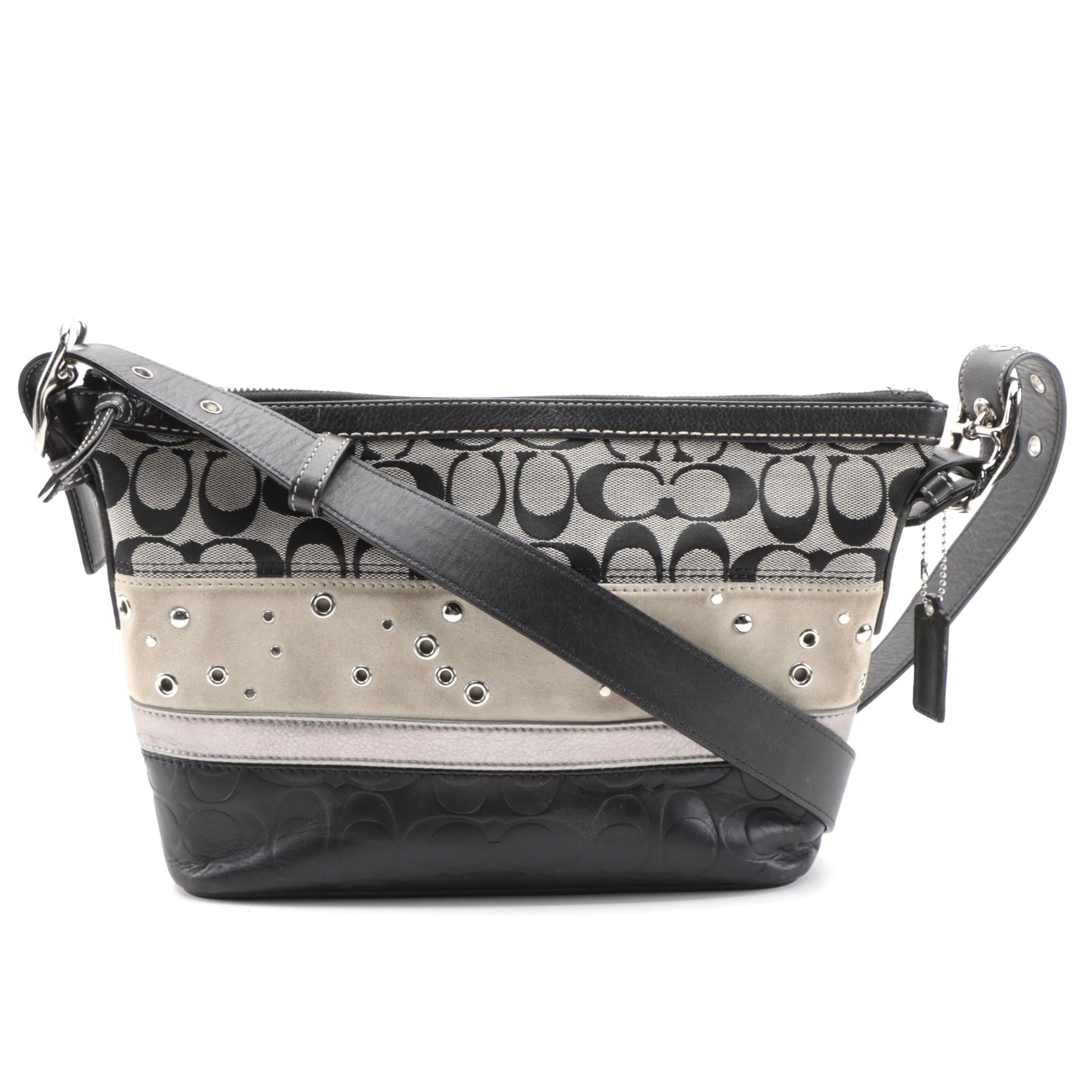 Coach Studded Patchwork Shoulder Bag in Beige and Black