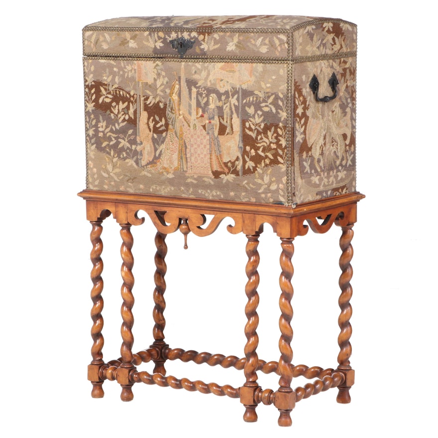 Flemish Style Needlepoint-Covered Trunk-Form Secretaire on Barley-Twist Stand
