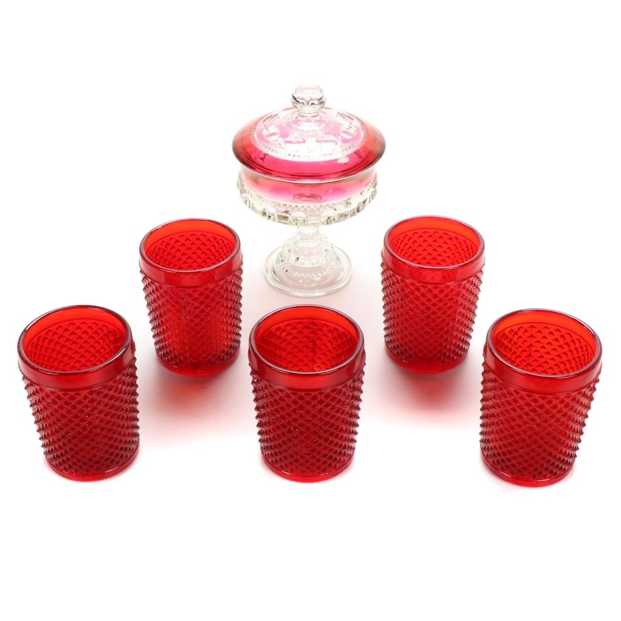 Ruby Flashed Kings Crown Candy Dish and Glass Diamond Point Tumblers