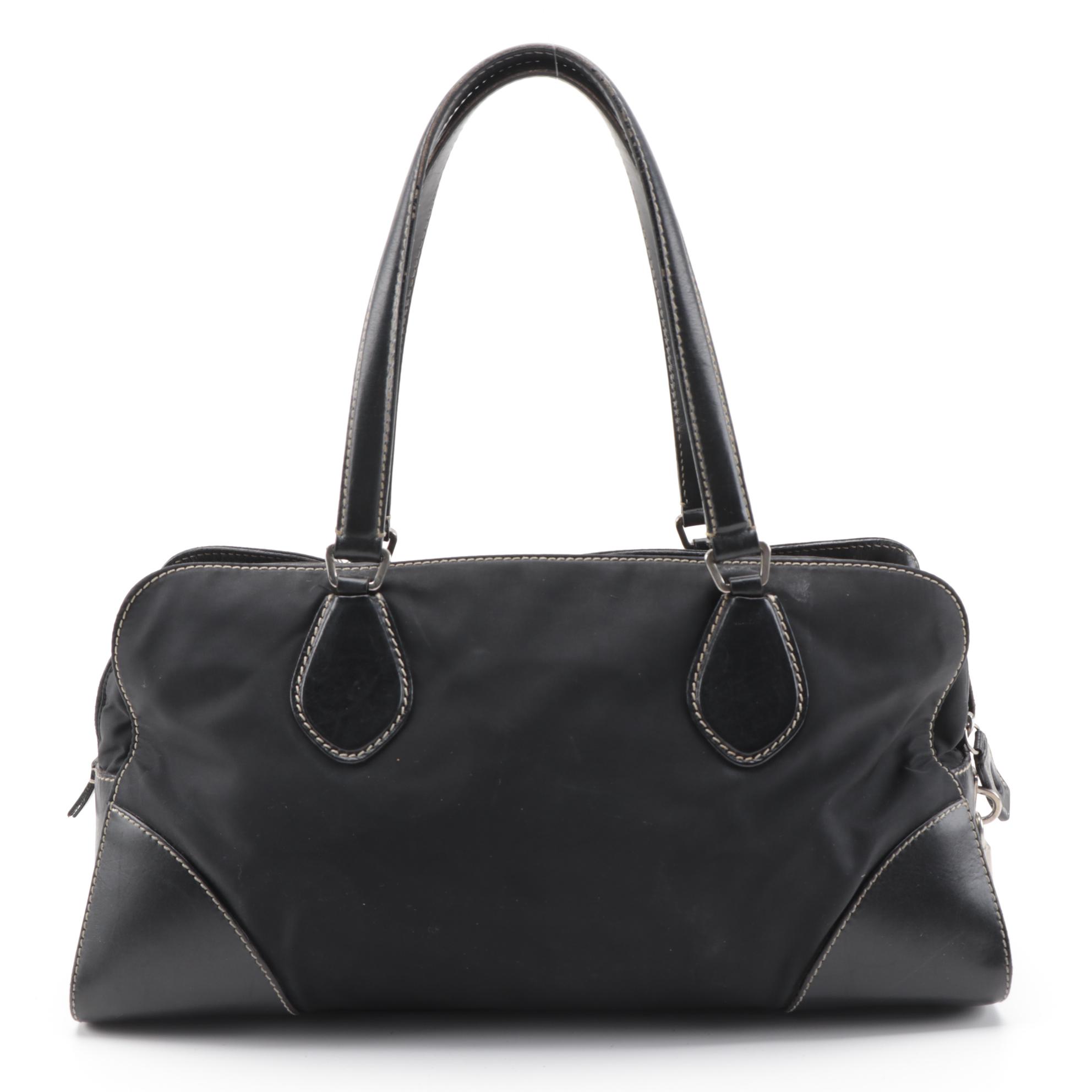 Prada Tessuto Satchel Bag in Black Nylon with Leather Trim
