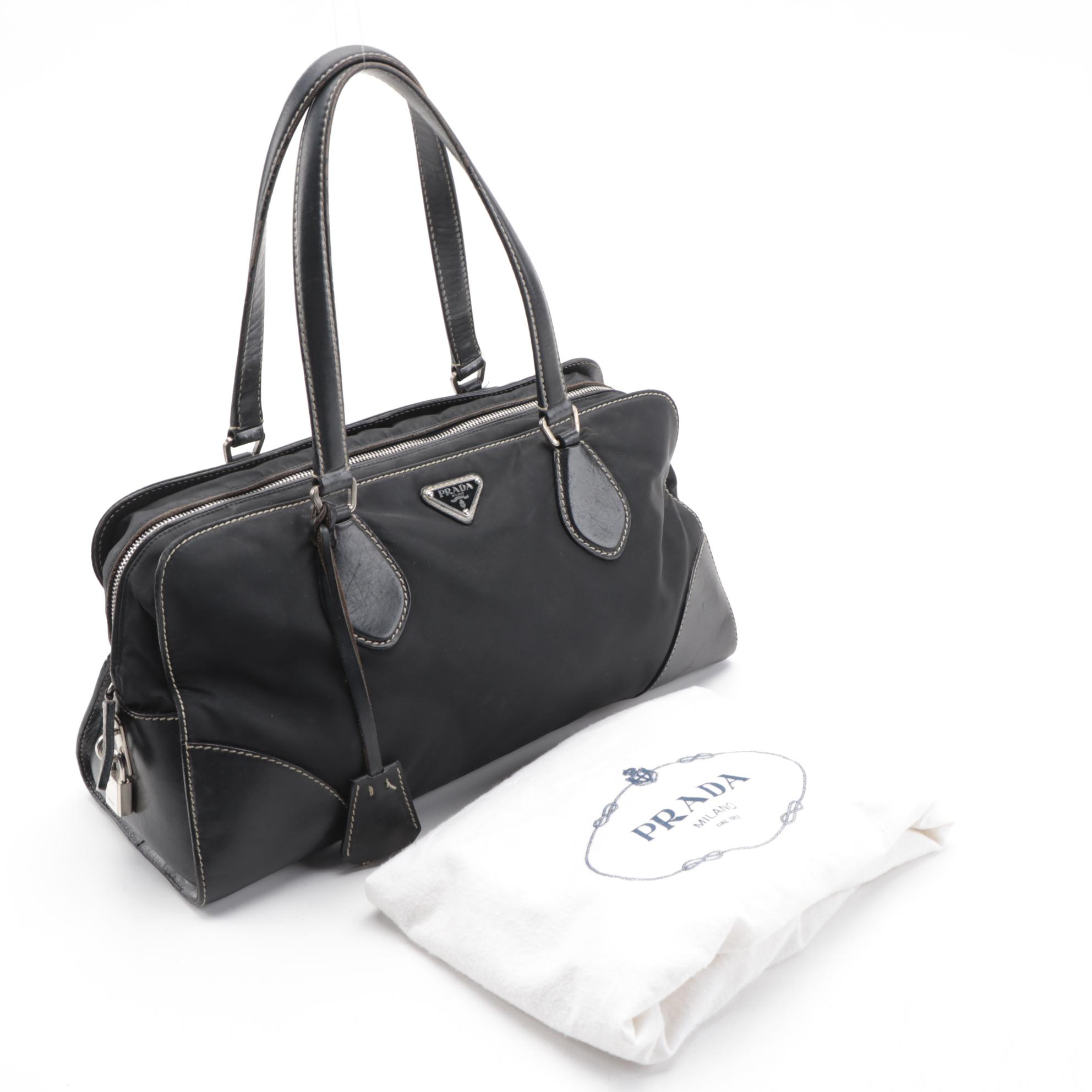 Prada Tessuto Satchel Bag in Black Nylon with Leather Trim