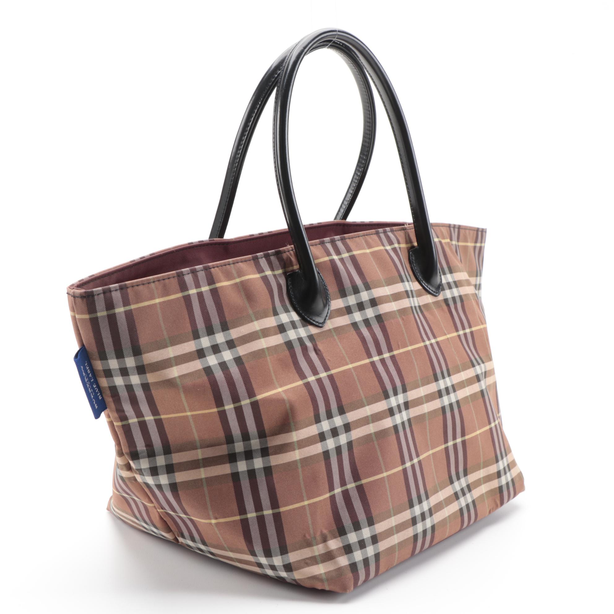 Burberry Blue Label Check Tote Bag with Black Leather Handles