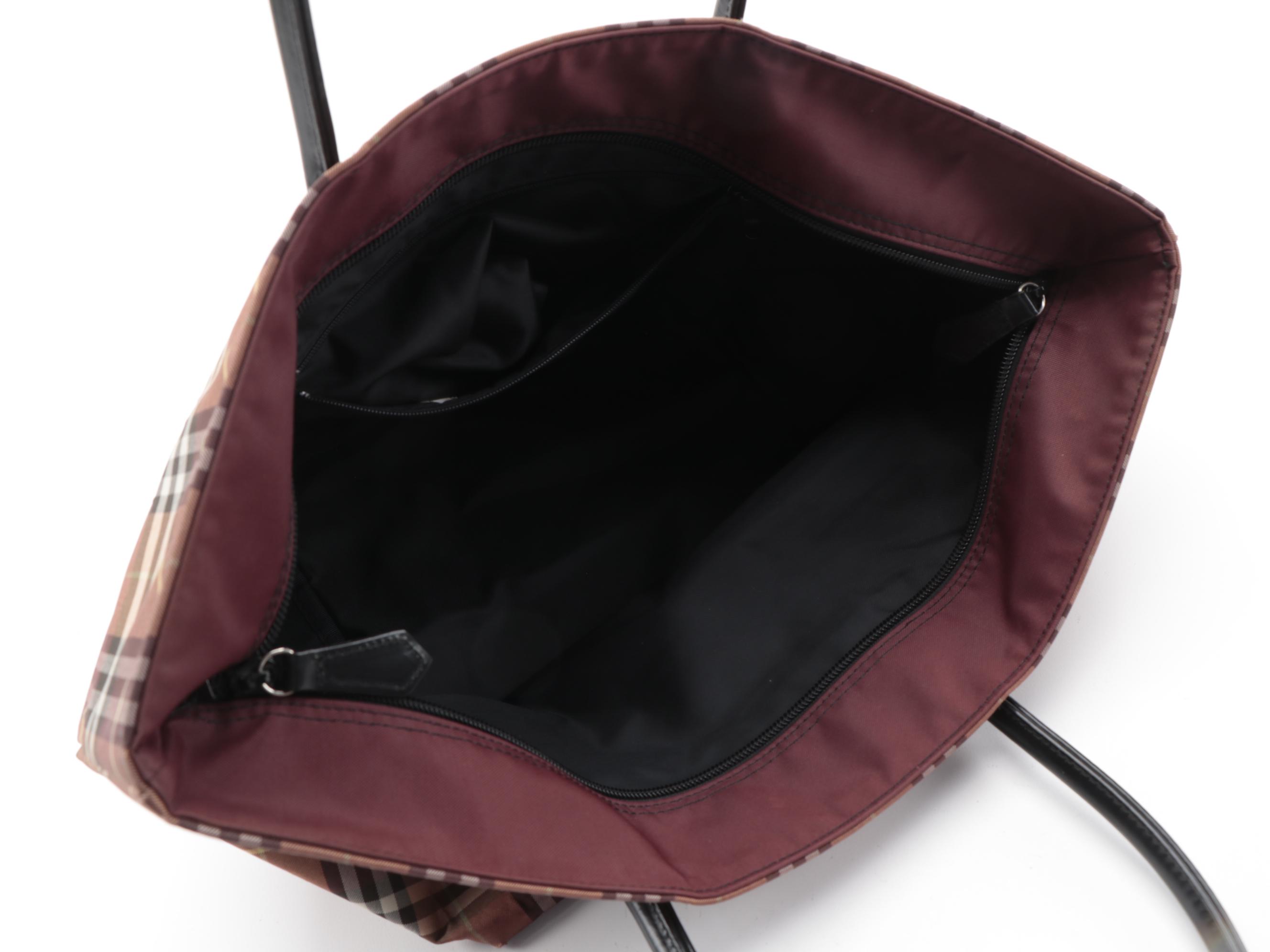 Burberry Blue Label Check Tote Bag with Black Leather Handles