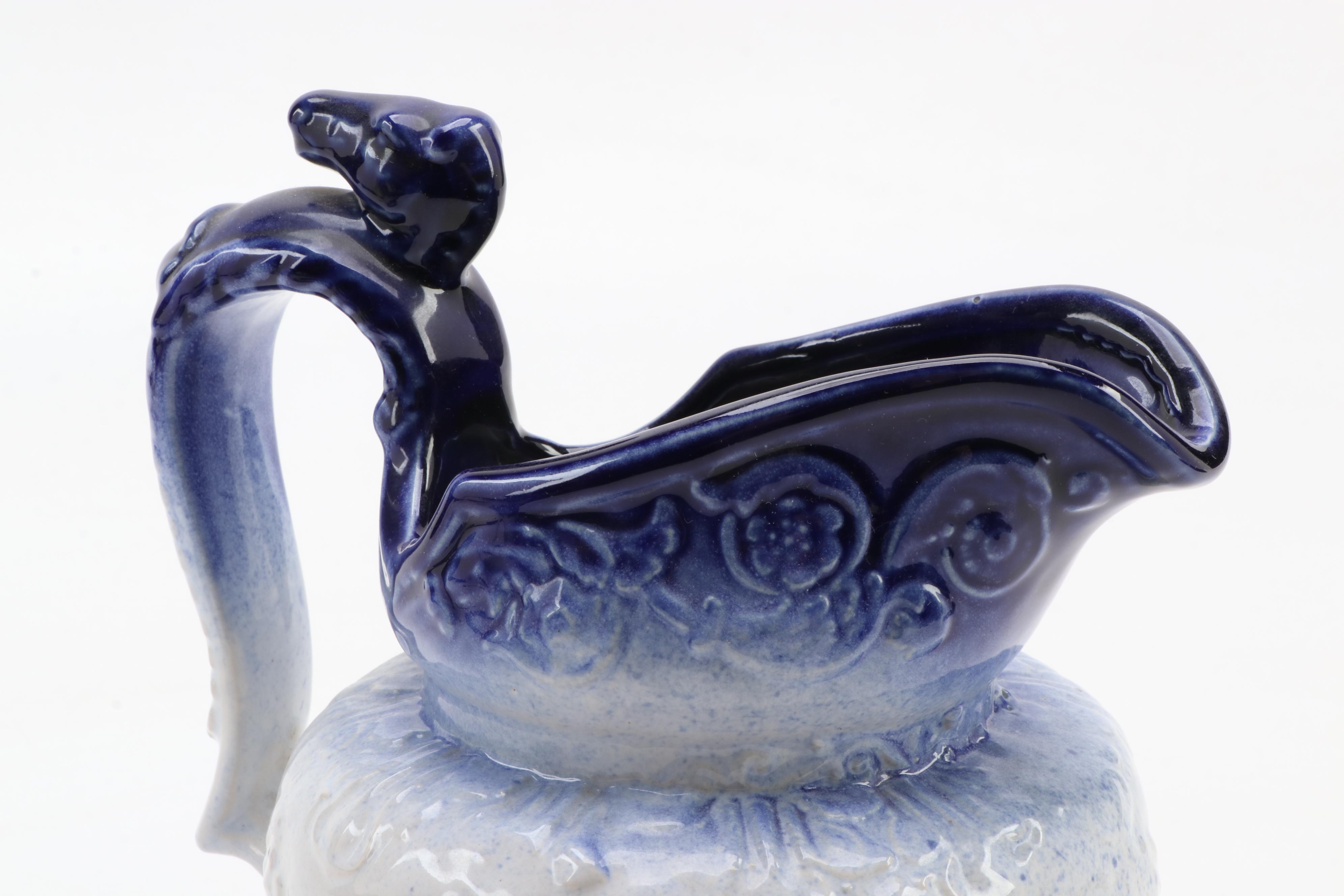 Rockingham Pottery Horse Head Handle Pitcher and Other Blue Glazed Pitcher