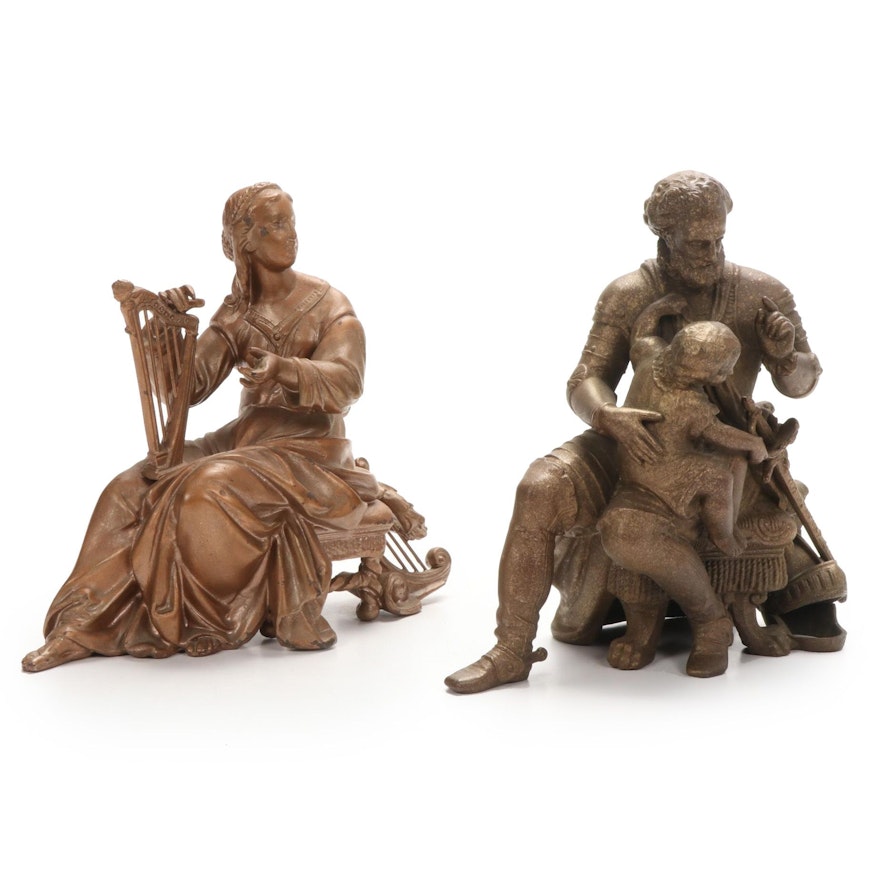 Cast Metal Figural Clock Topper Figurines, Late 19th to Early 20th Century