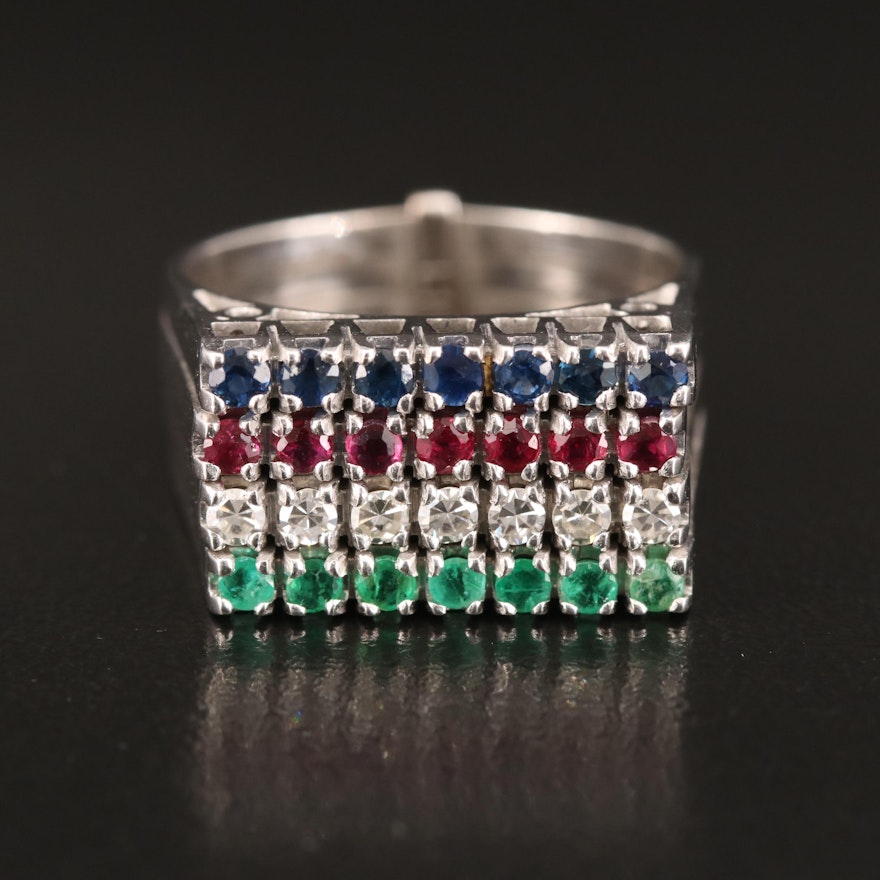 18K Diamond, Emerald, Ruby and Sapphire Harem Ring