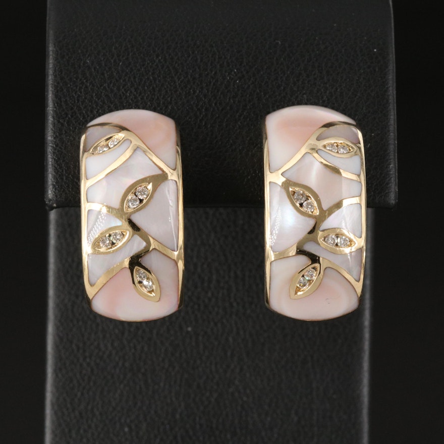 14K Inlaid Mother of Pearl and Diamond Earrings