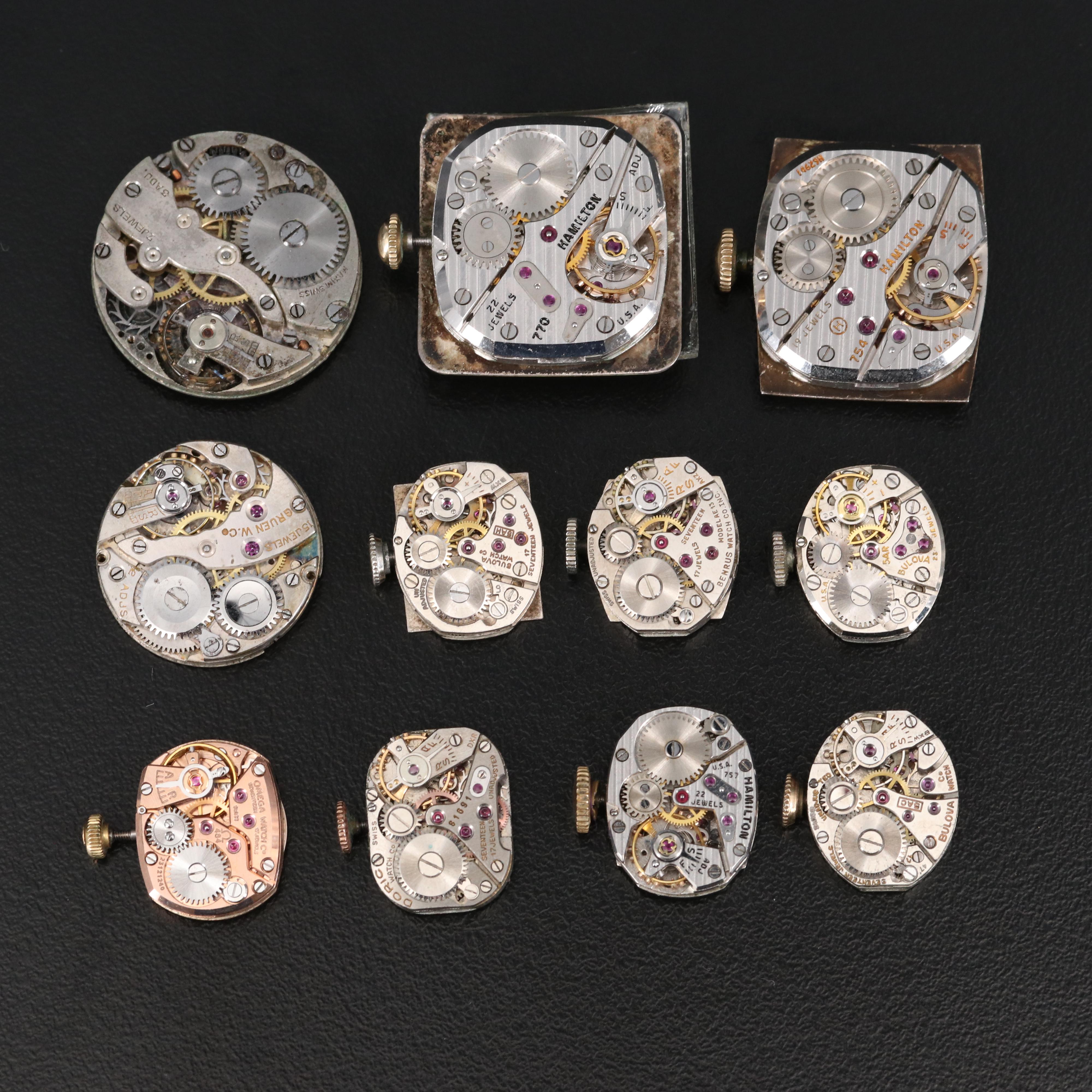 Stem Wind Watch Movements Including Omega, Bulova and Hamilton