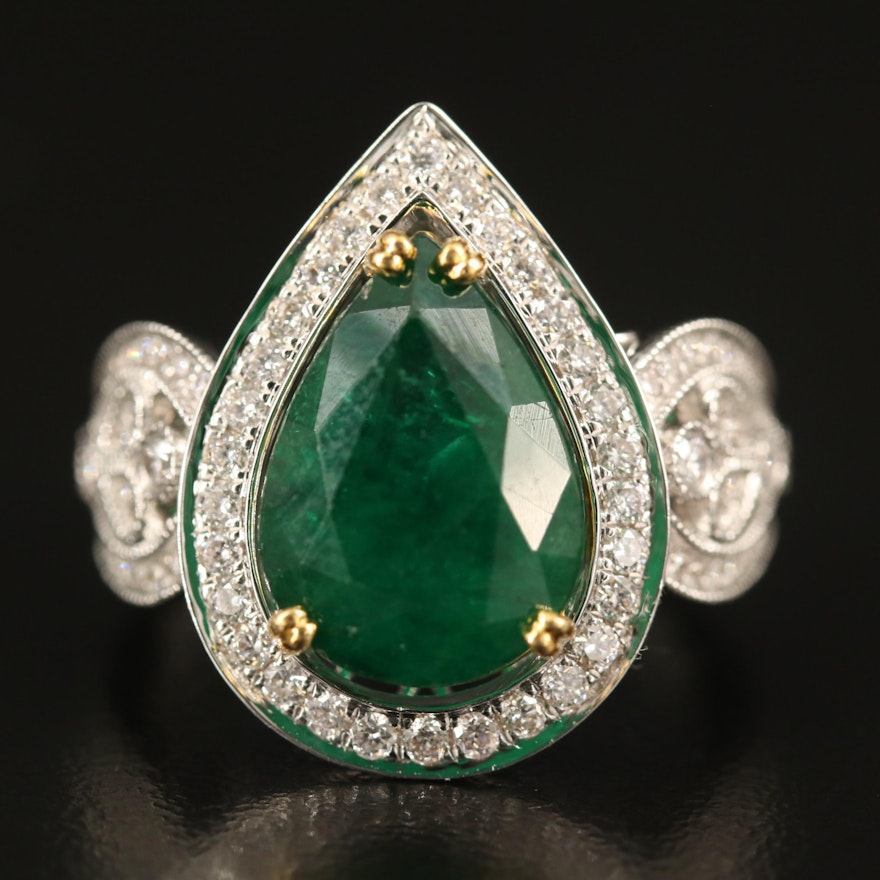 14K 5.41 CT Emerald and Diamond Halo Ring