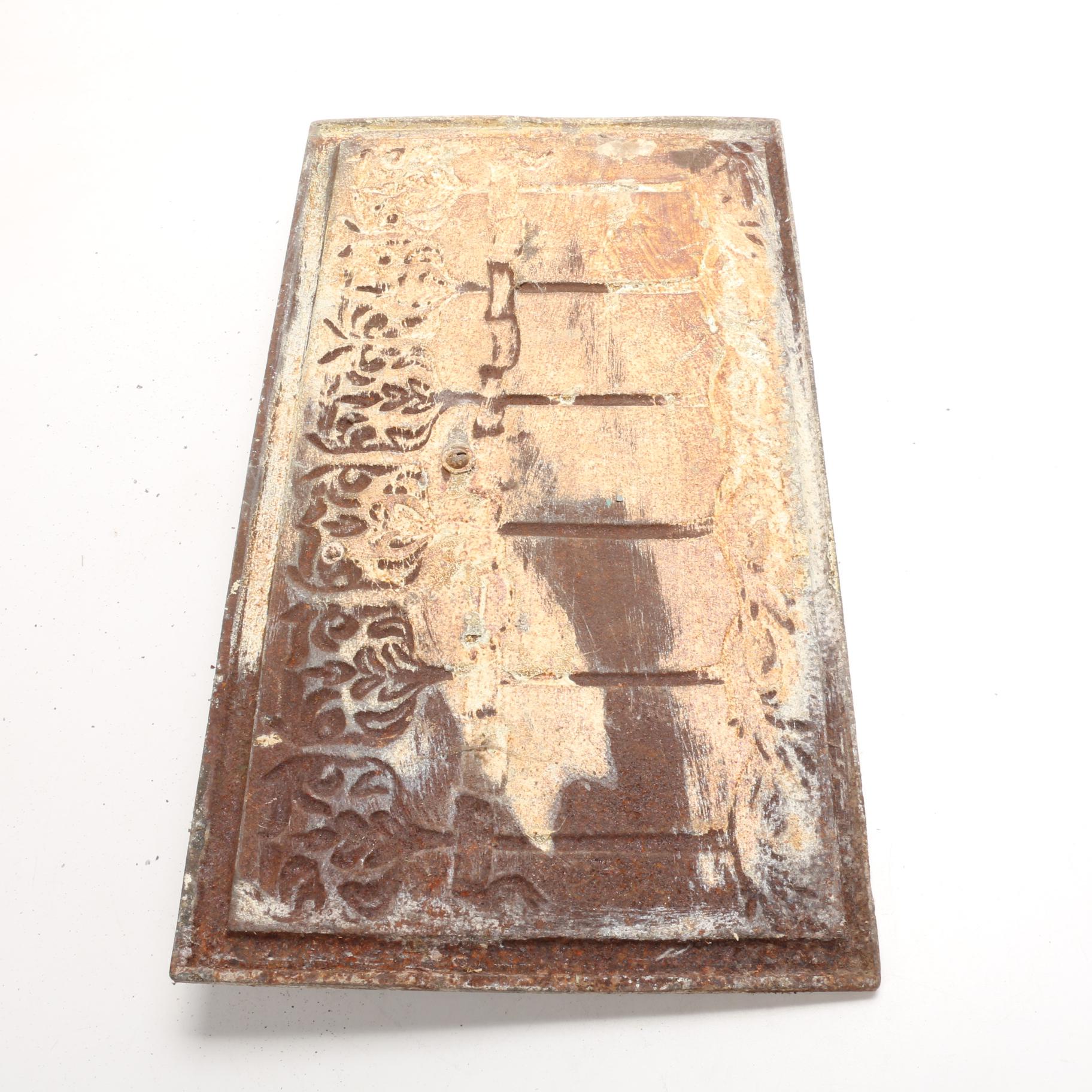 Art Nouveau Cast Iron Fireplace Cover with Relief Design, Antique