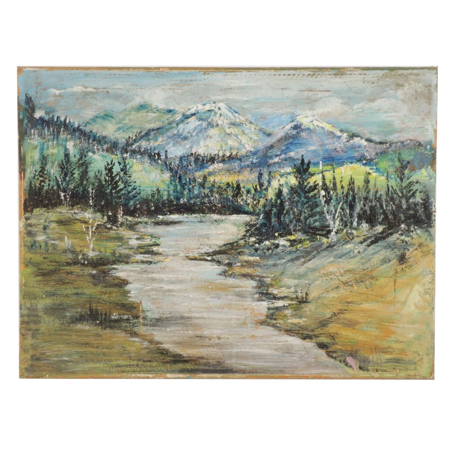Oil Painting of Mountain River Landscape, Mid-Late 20th Century