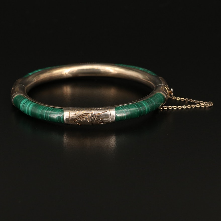 Sterling Malachite Inlay Hinged Bangle with Engraved Floral Detail