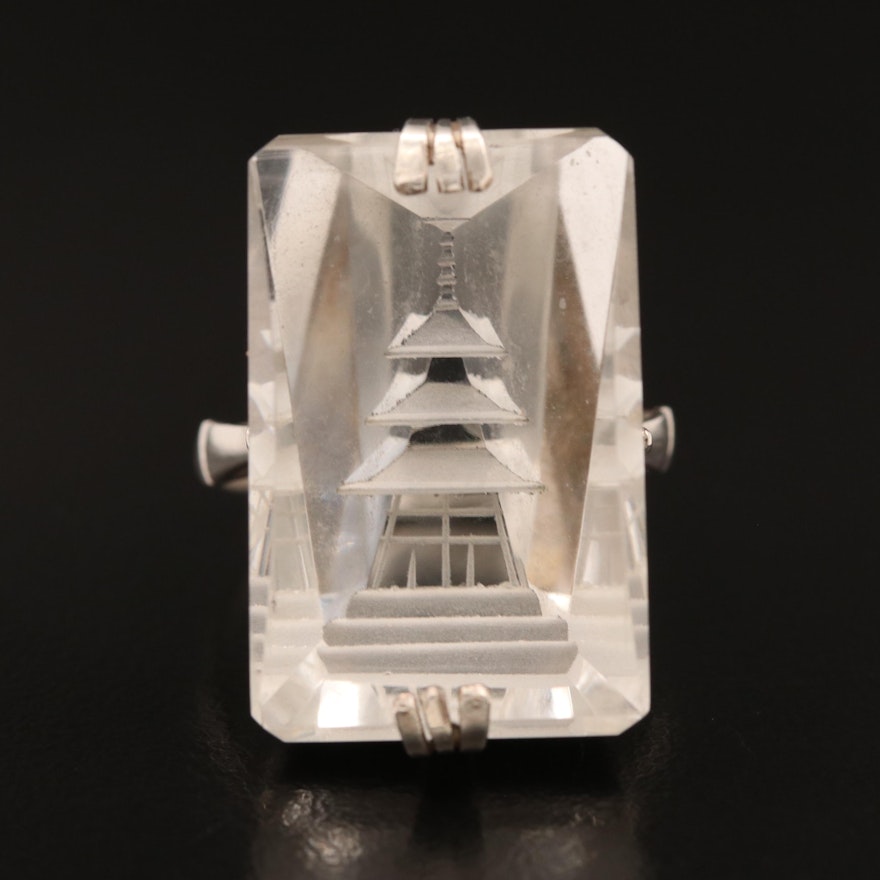 Art Deco Reversed-Carved Rock Quartz Crystal Pagoda Ring