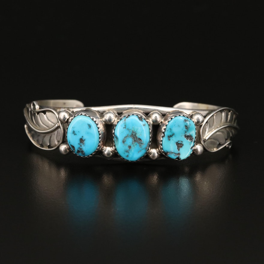 Signed Southwestern Sterling Turquoise Nugget Cuff with Foliate Detail
