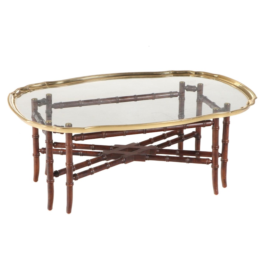 Brass and Glass Top Bamboo-Turned Wood Coffee Table, Late 20th Century