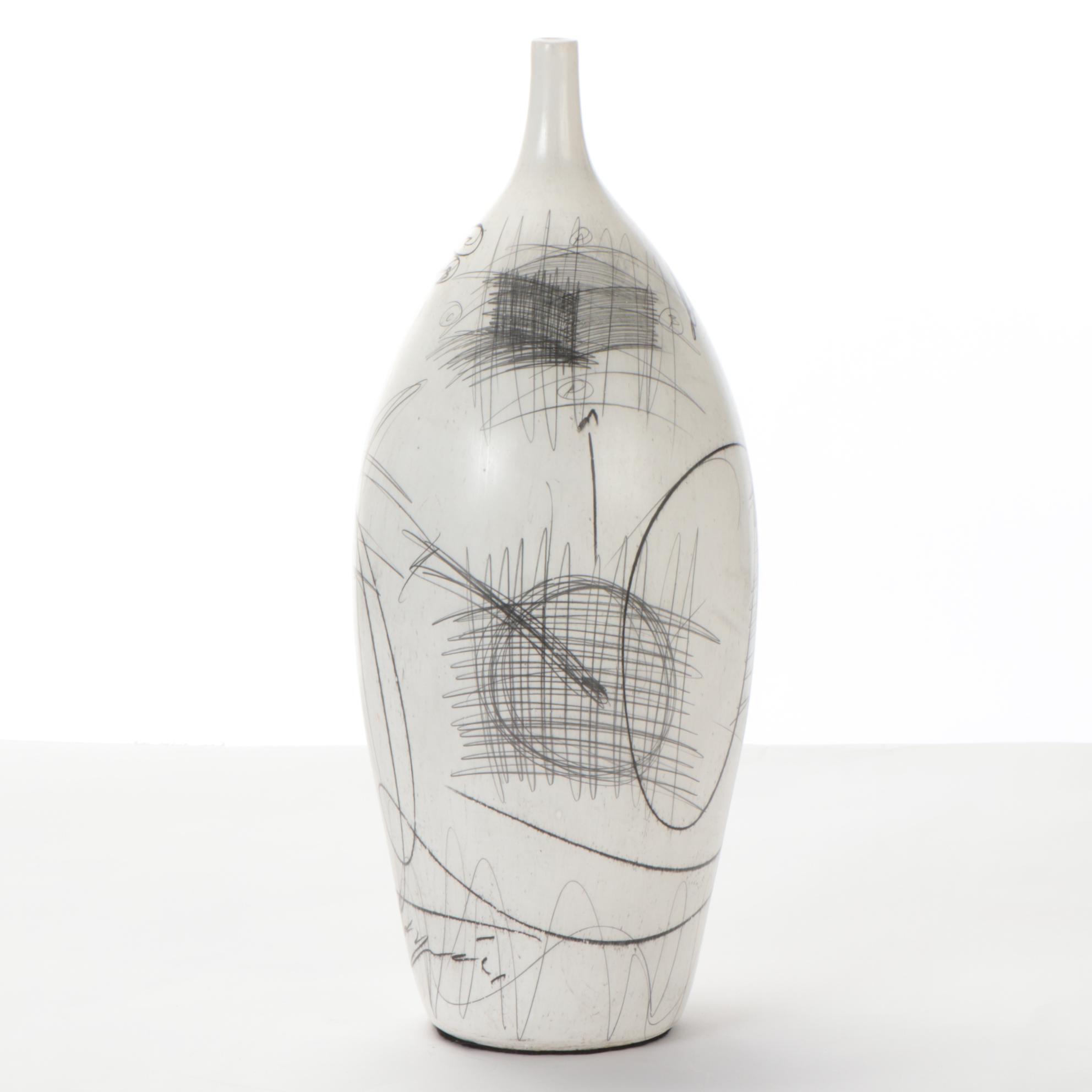 Graphite and Charcoal Linear Abstract Drawing on Whitewashed Vase
