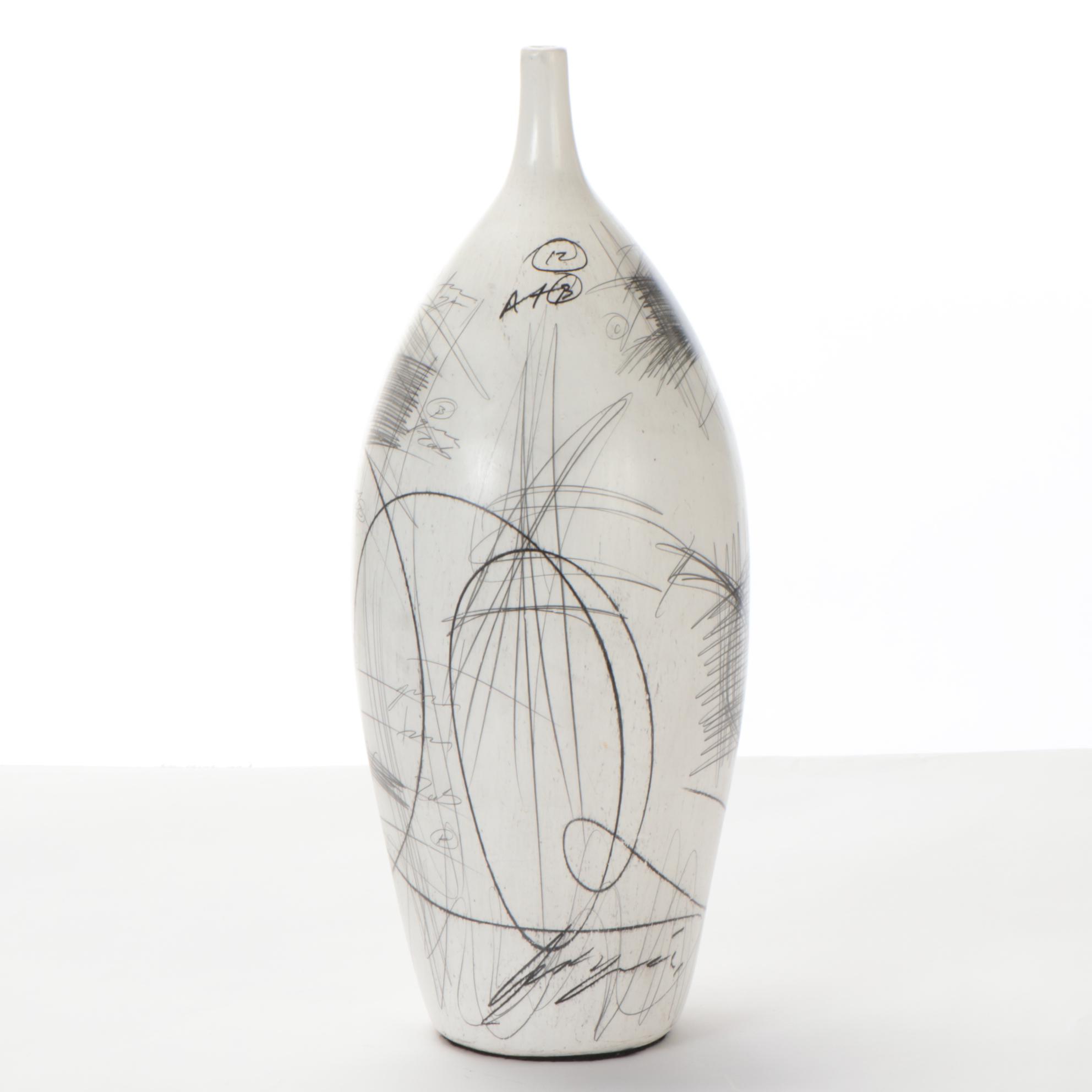 Graphite and Charcoal Linear Abstract Drawing on Whitewashed Vase