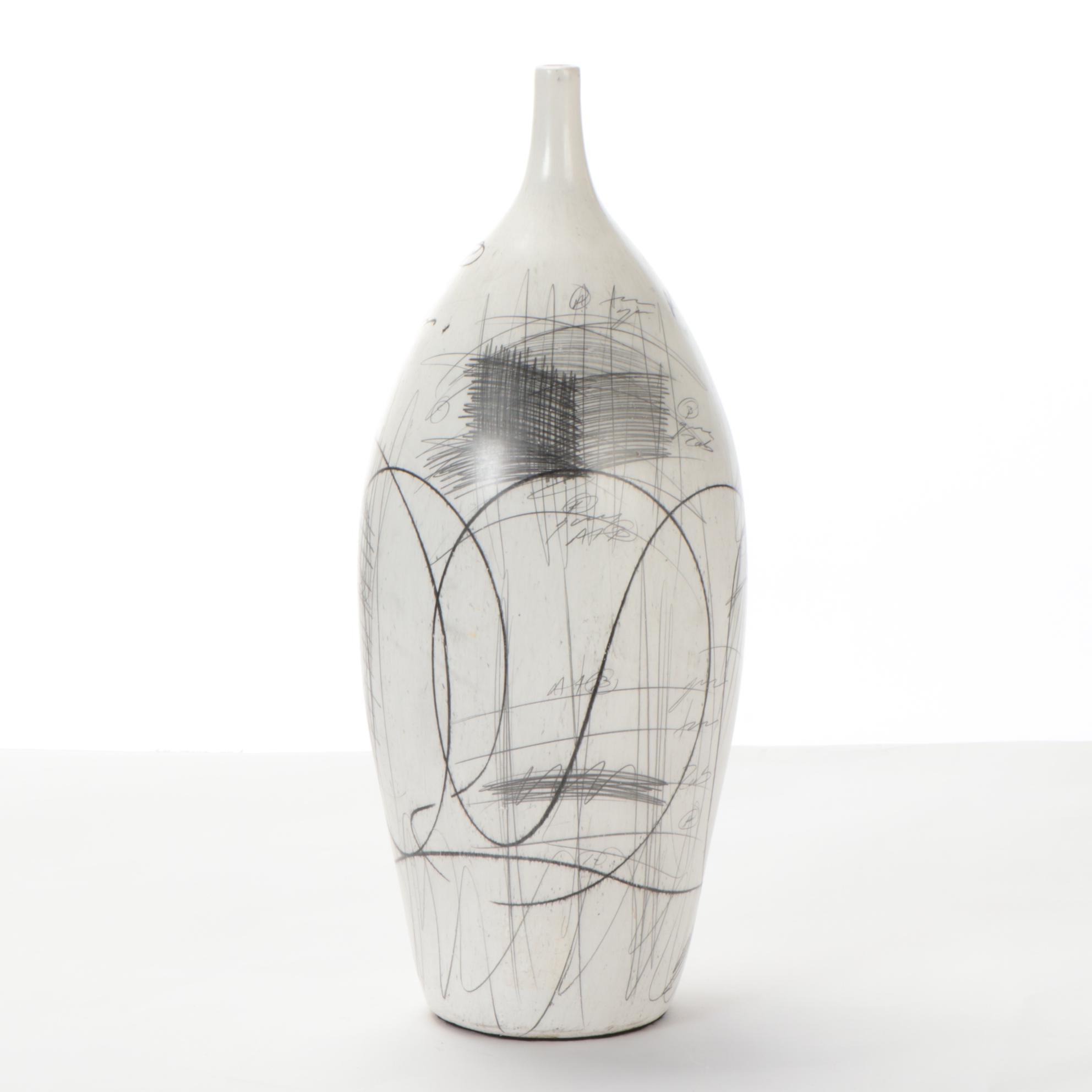 Graphite and Charcoal Linear Abstract Drawing on Whitewashed Vase