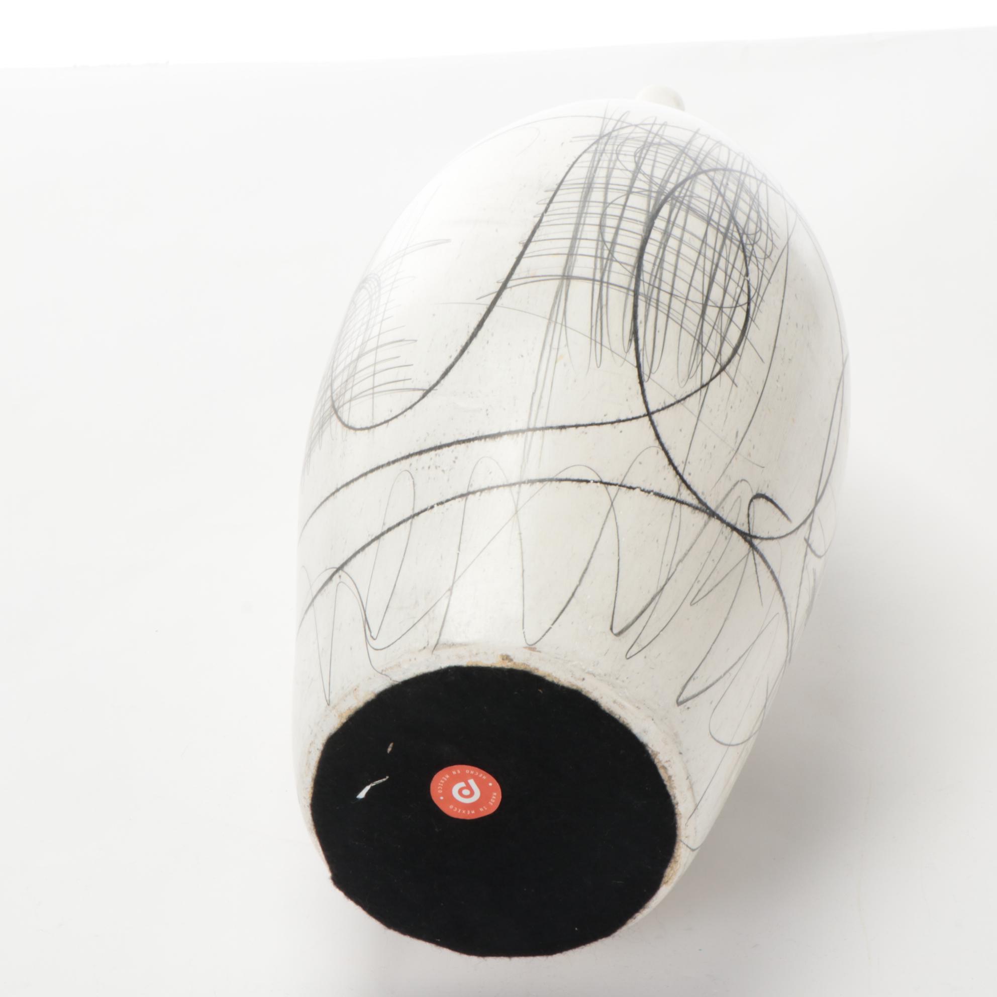 Graphite and Charcoal Linear Abstract Drawing on Whitewashed Vase