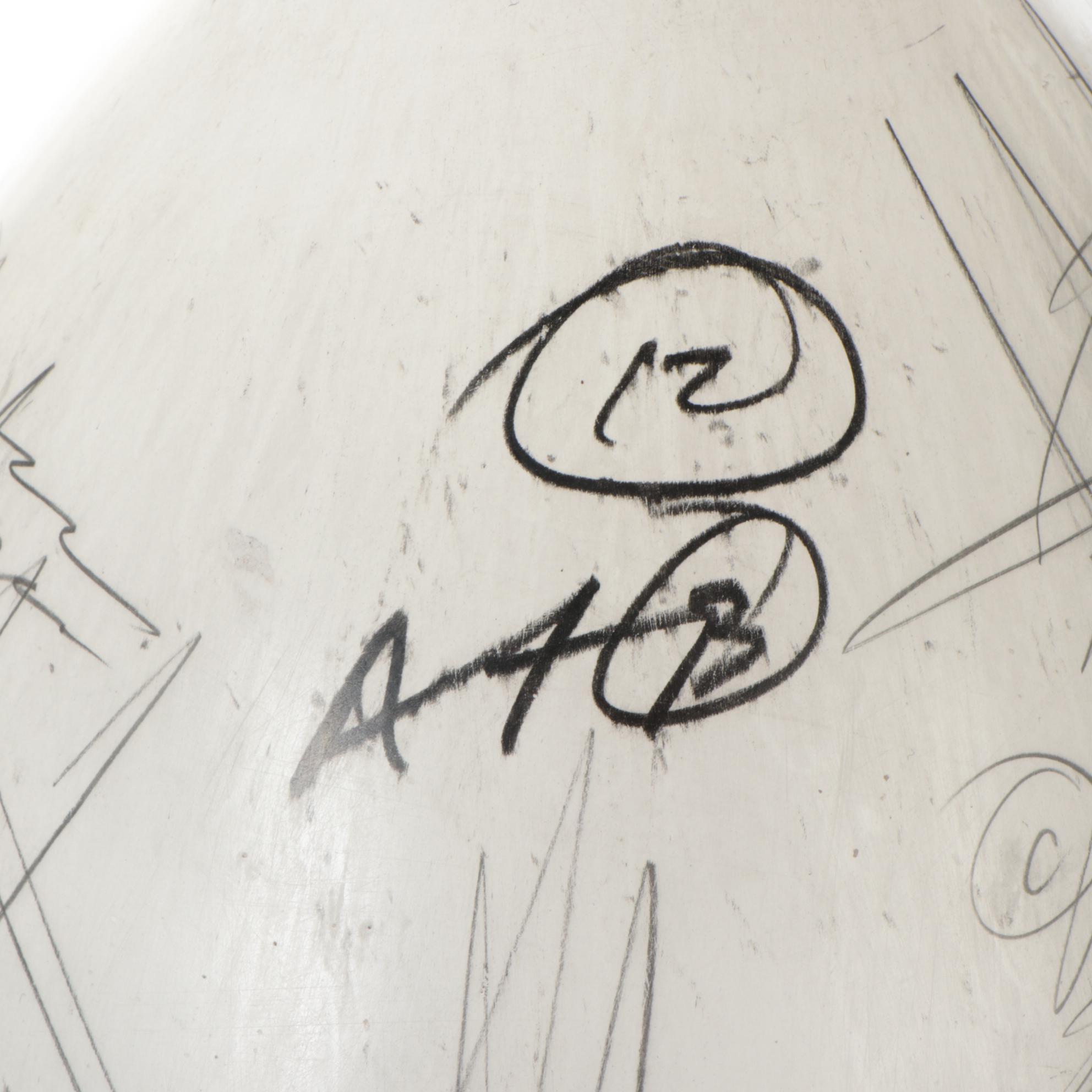 Graphite and Charcoal Linear Abstract Drawing on Whitewashed Vase