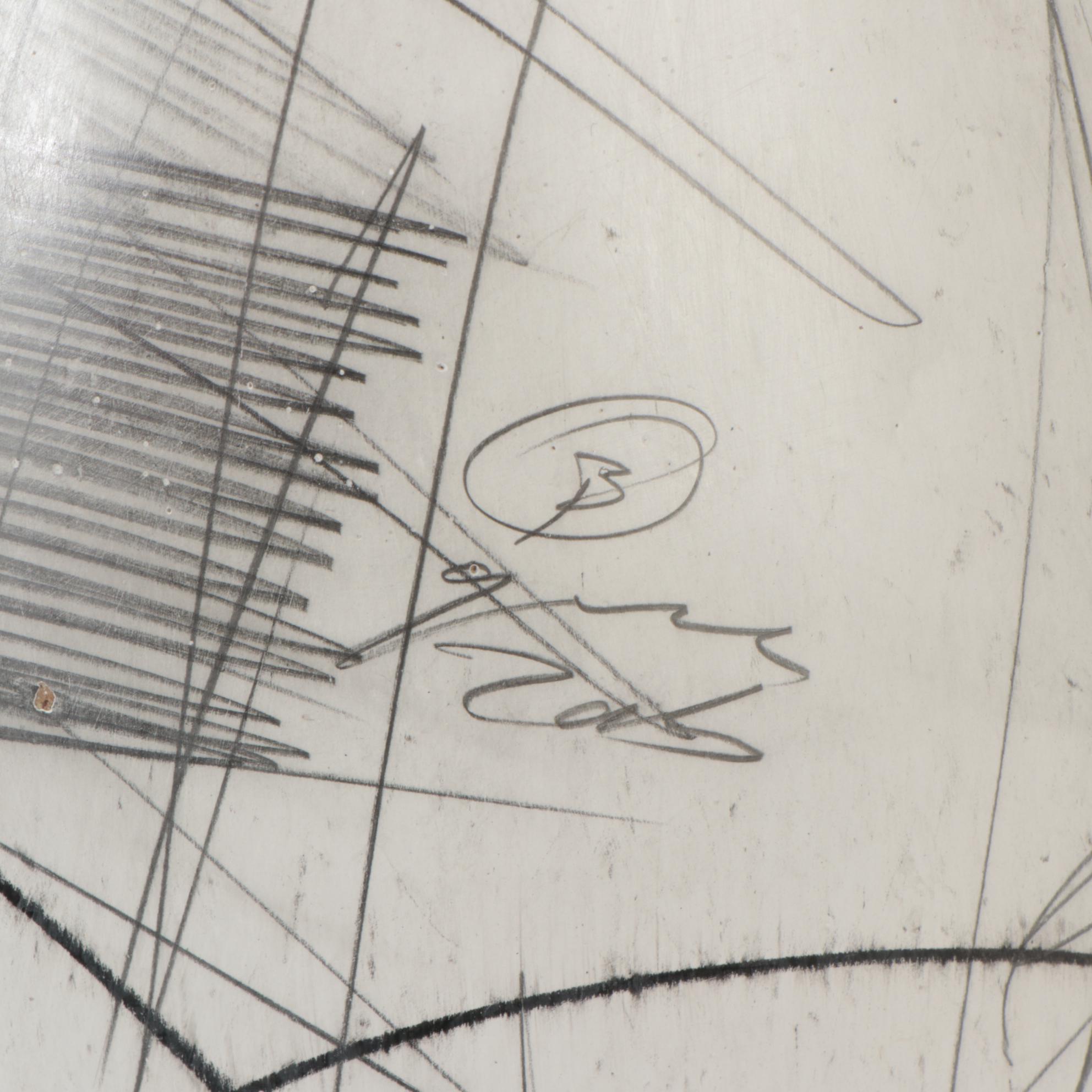 Graphite and Charcoal Linear Abstract Drawing on Whitewashed Vase