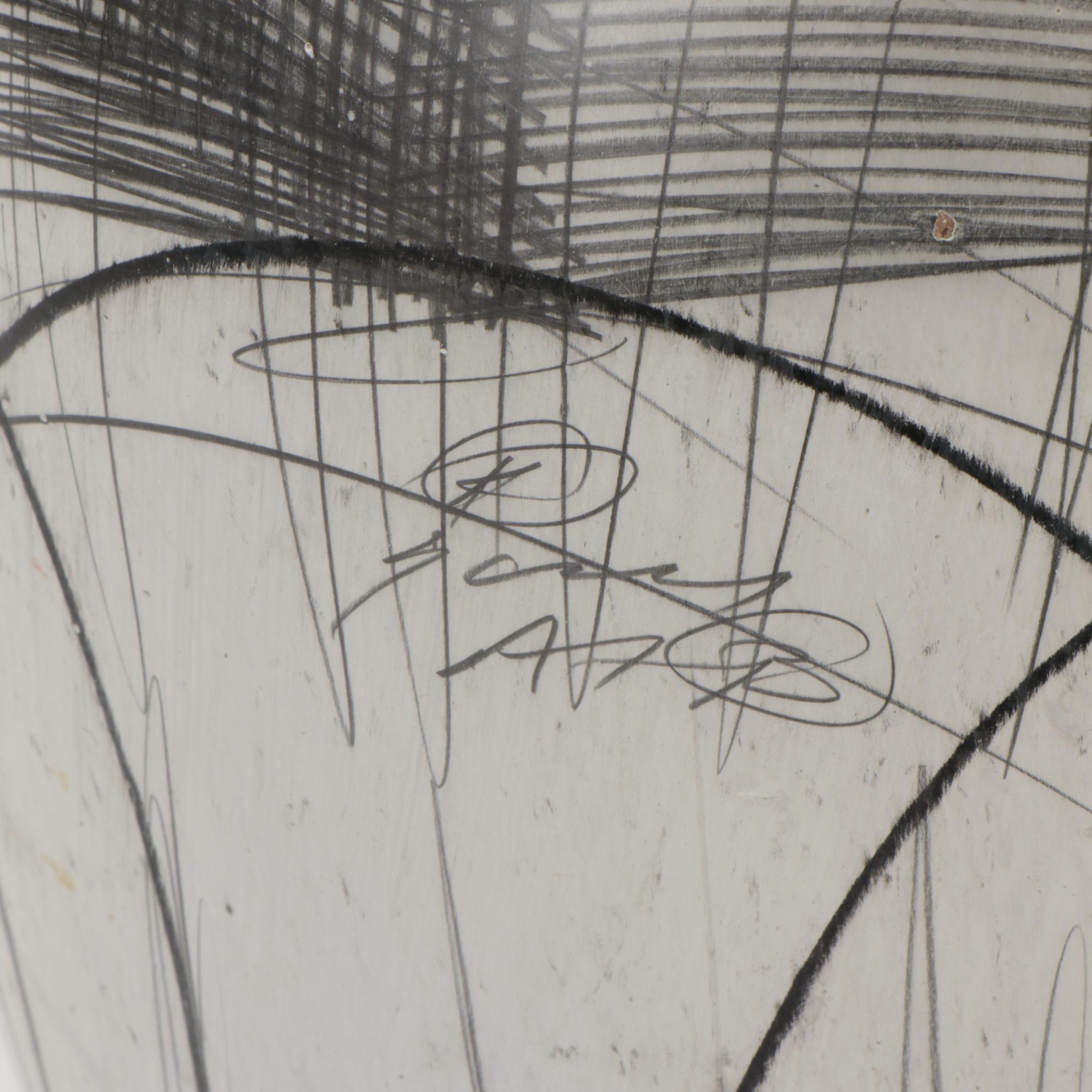Graphite and Charcoal Linear Abstract Drawing on Whitewashed Vase